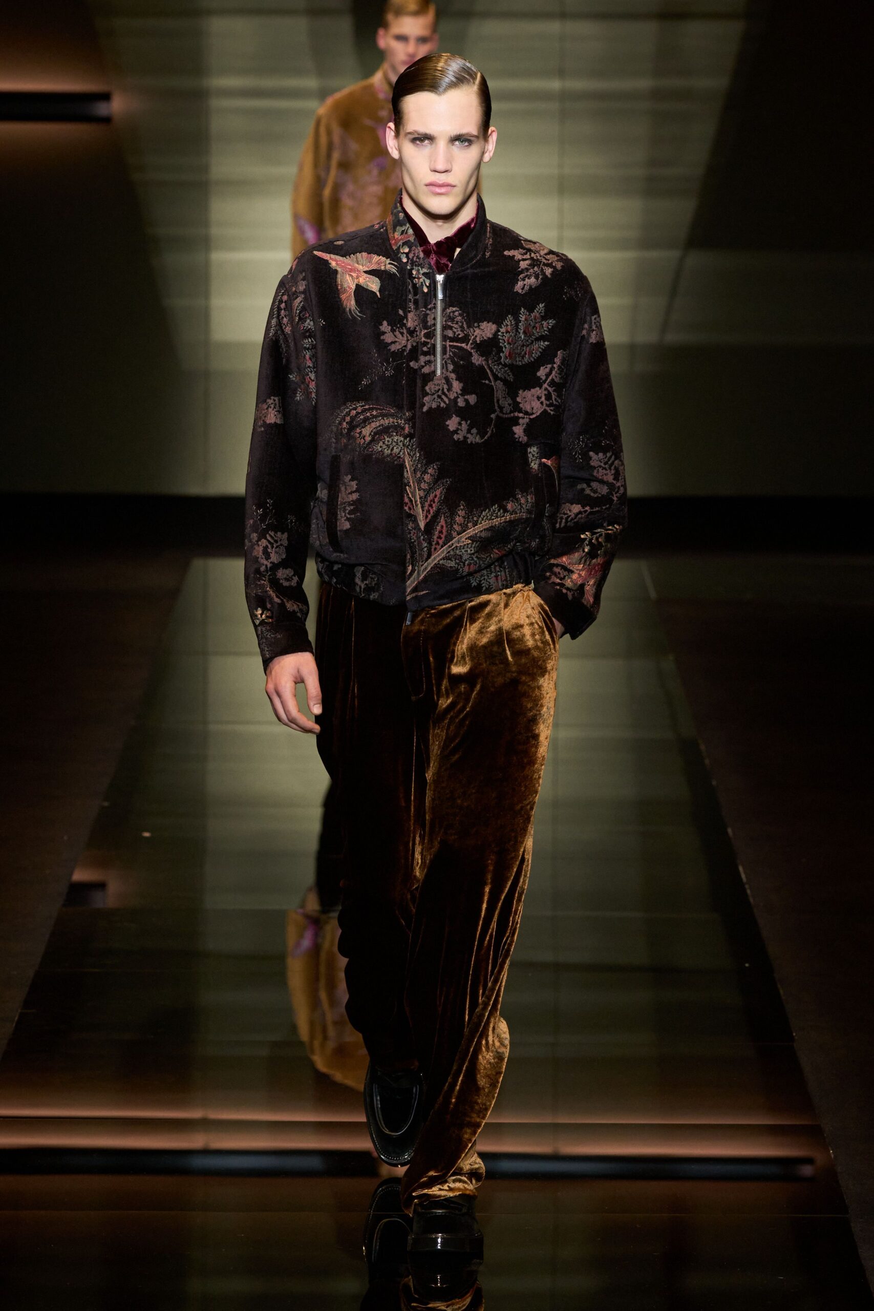 black velvet embroidered jacket with brown pants