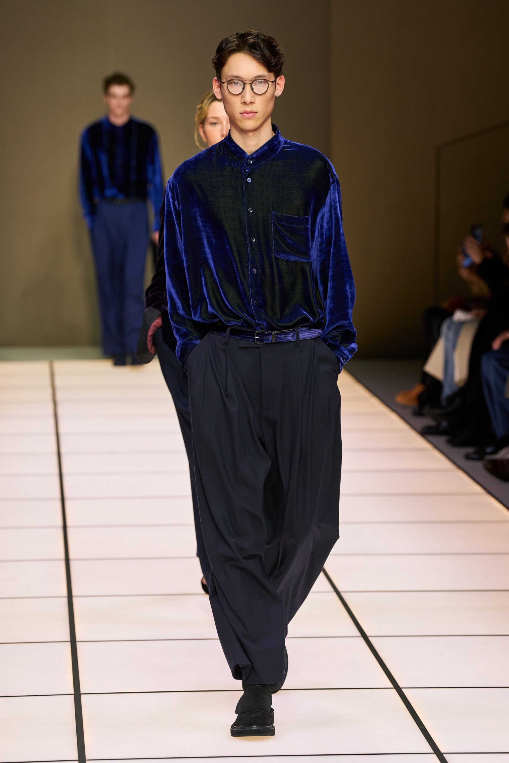 blue velvet shirt with black pants