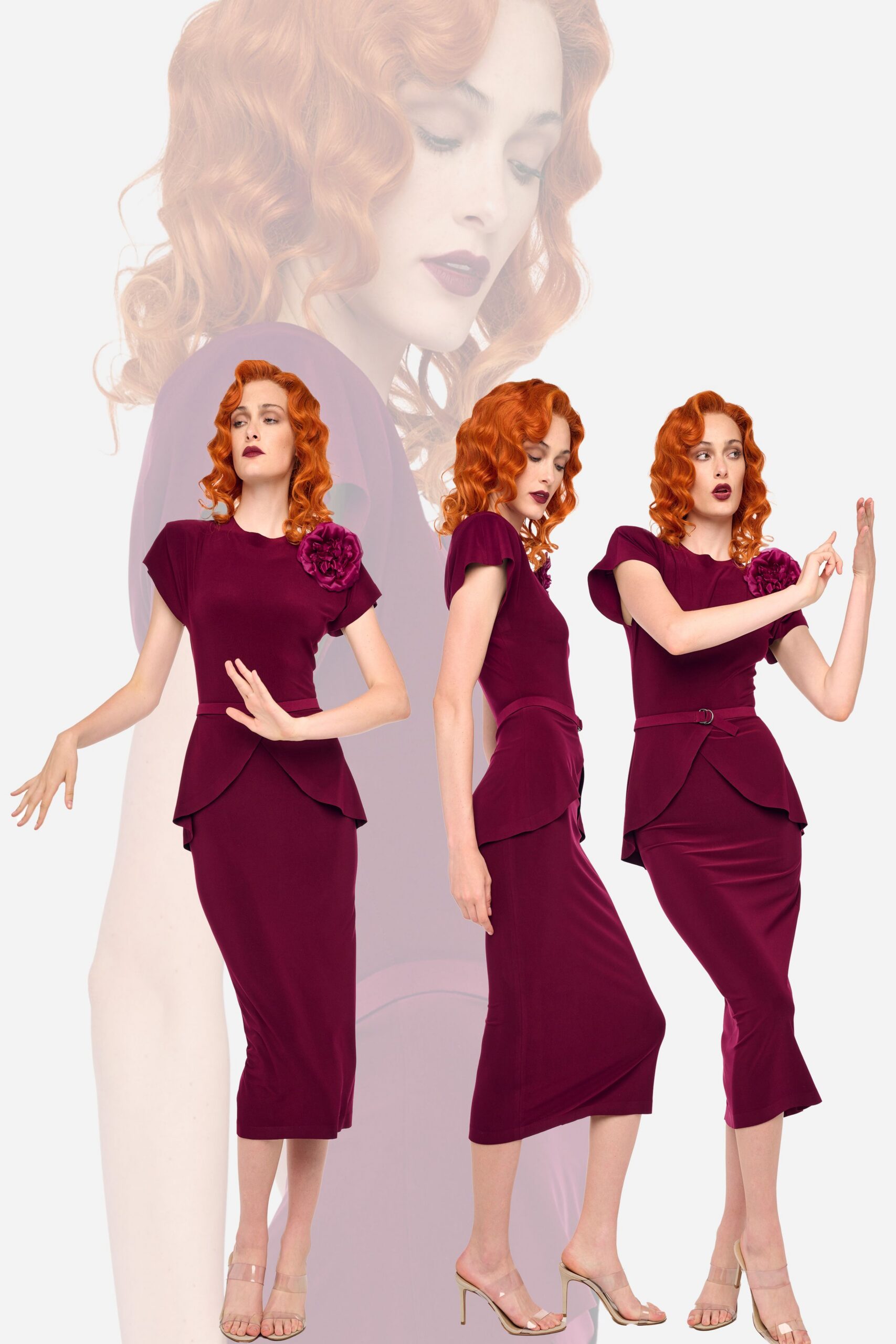 fitted purple midi dress with open-toe shoes