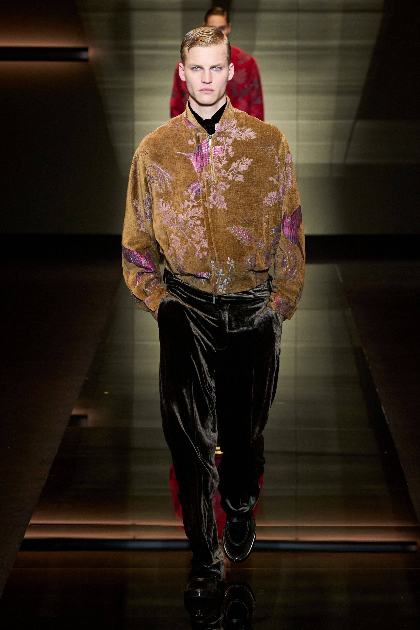 brown velvet embroidered jacket with black pants