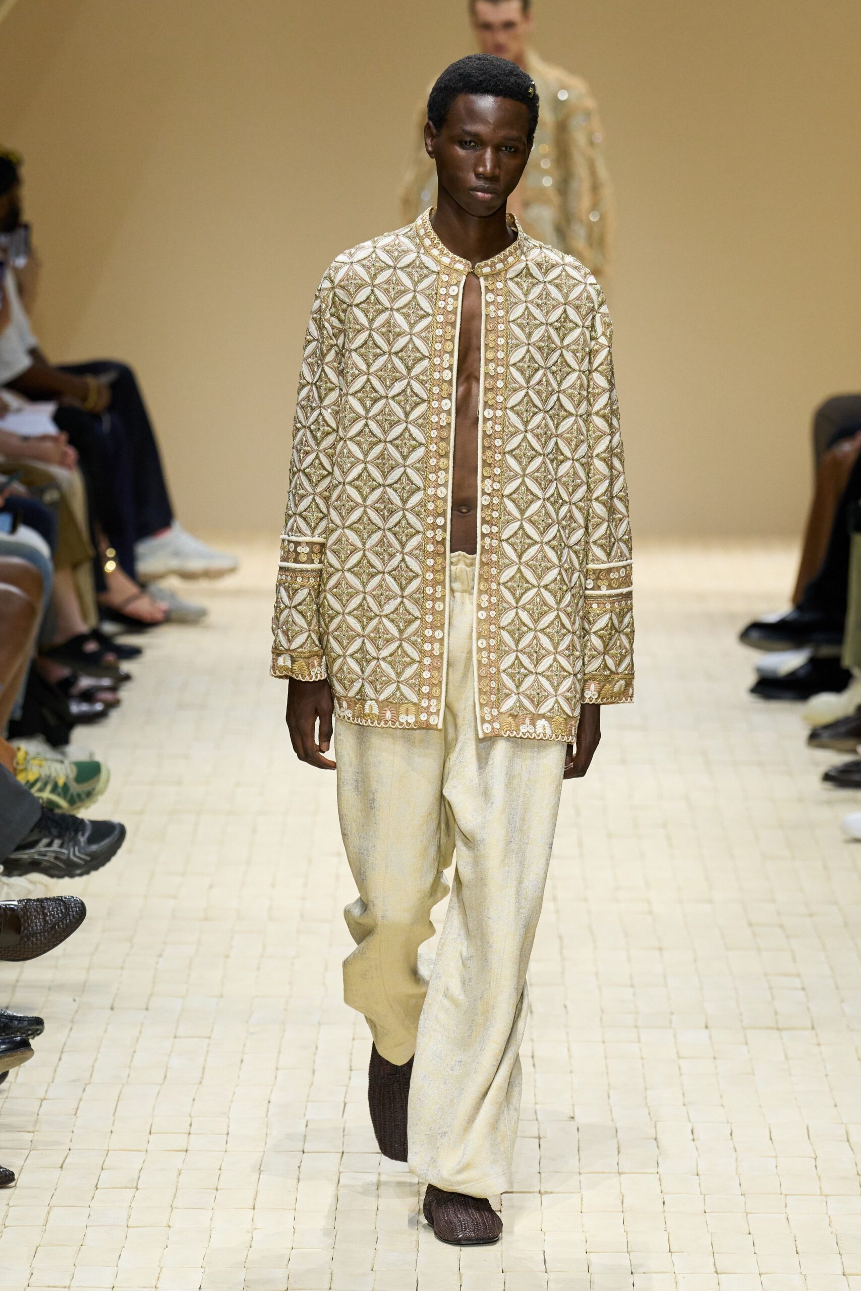 gold embroidered shirt with wide-leg pants