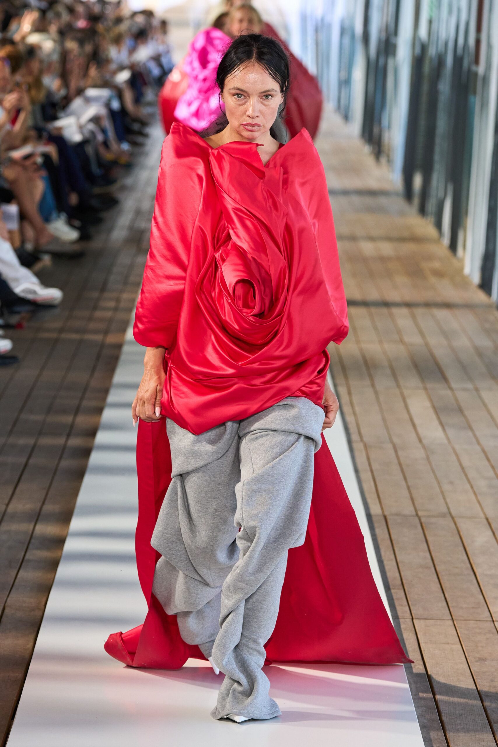 red silk long-sleeve high-neck relaxed draped maxi dress