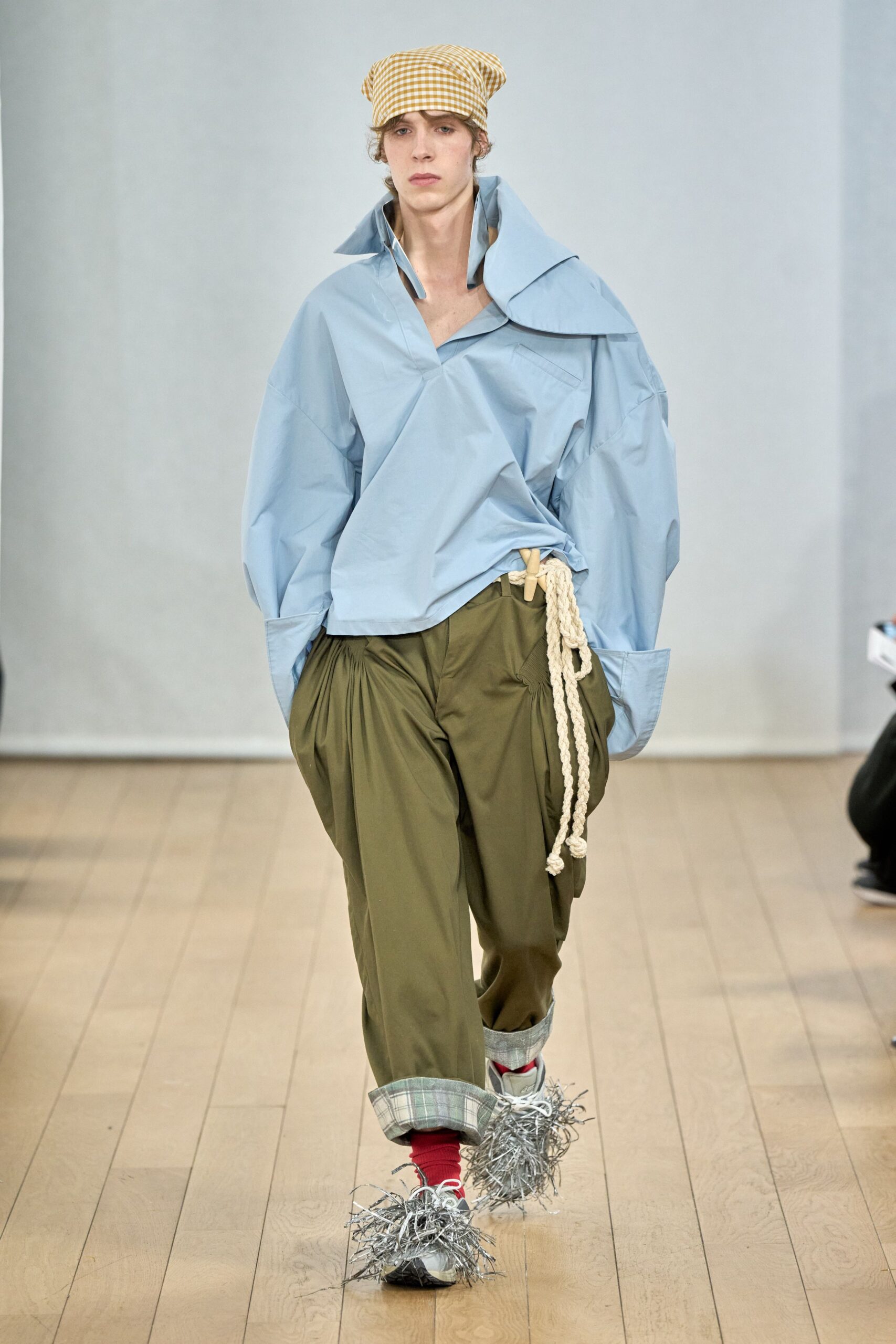 oversized blue shirt with relaxed green pants