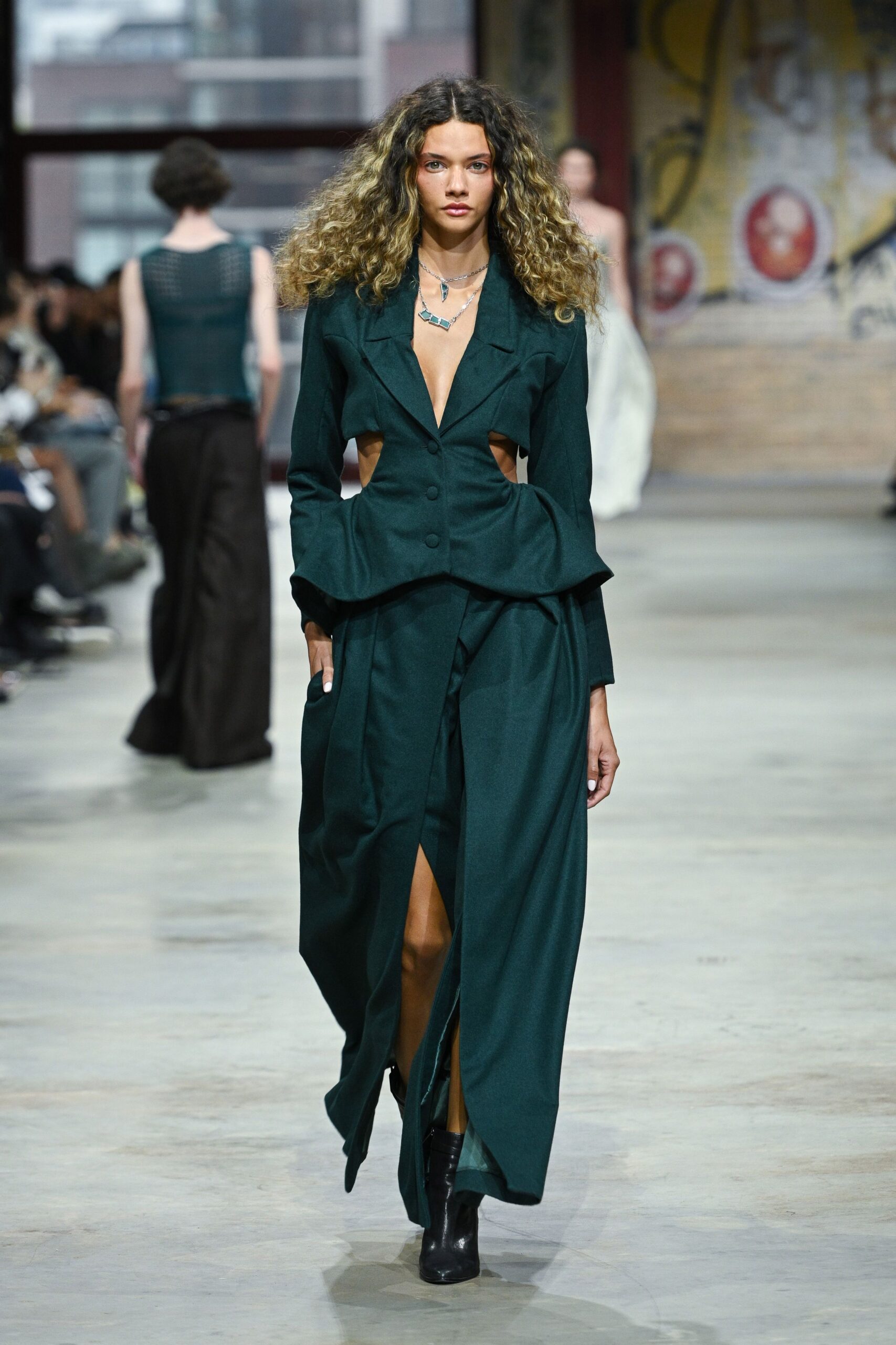green cotton long-sleeve v-neck fitted pleated belted dress