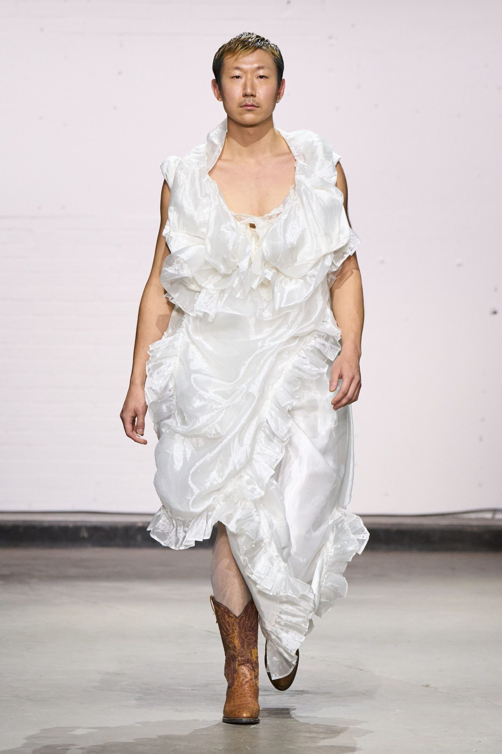 white silk sleeveless v-neck relaxed ruffled draped dress
