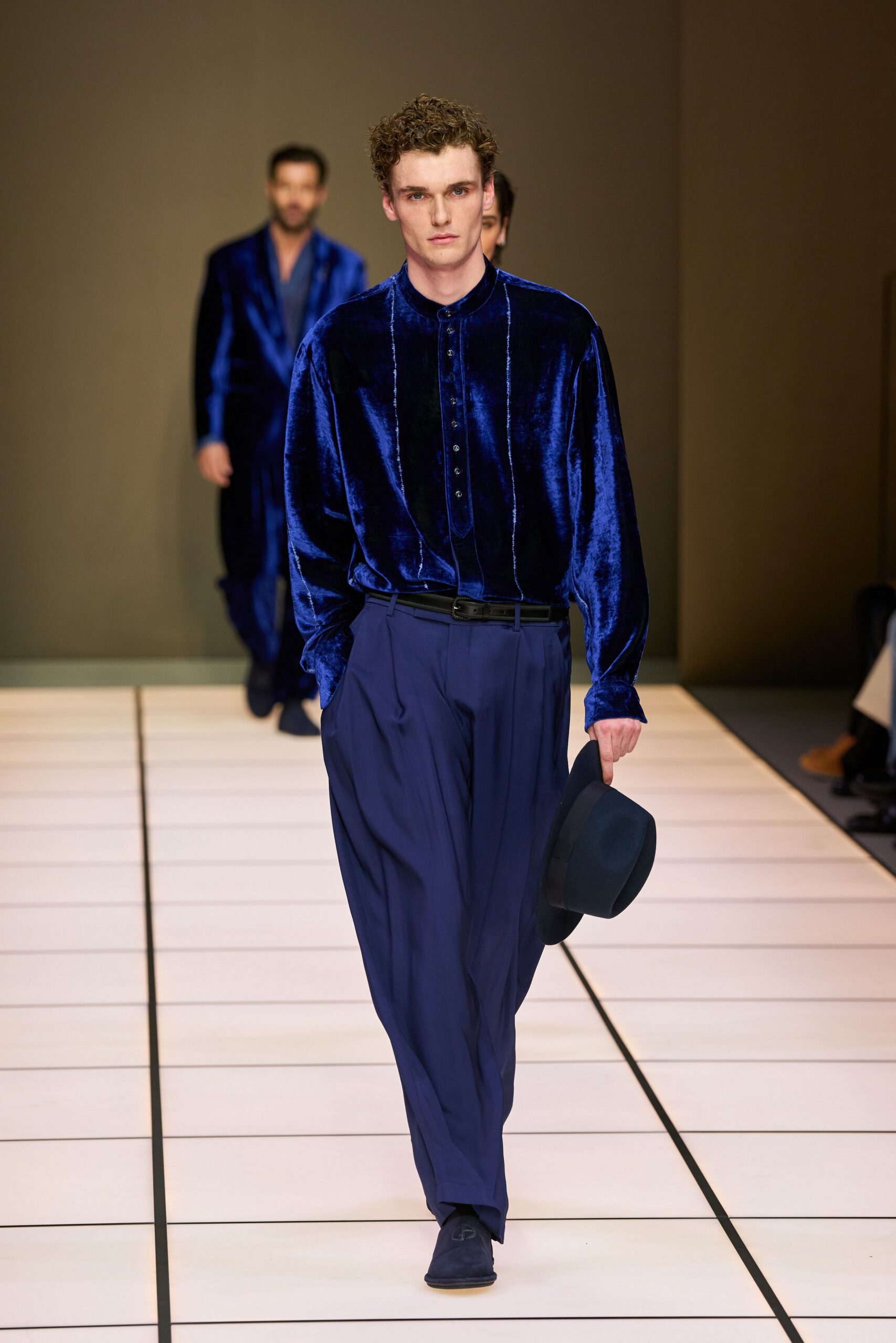 blue velvet long-sleeve collared relaxed buttoned shiny shirt