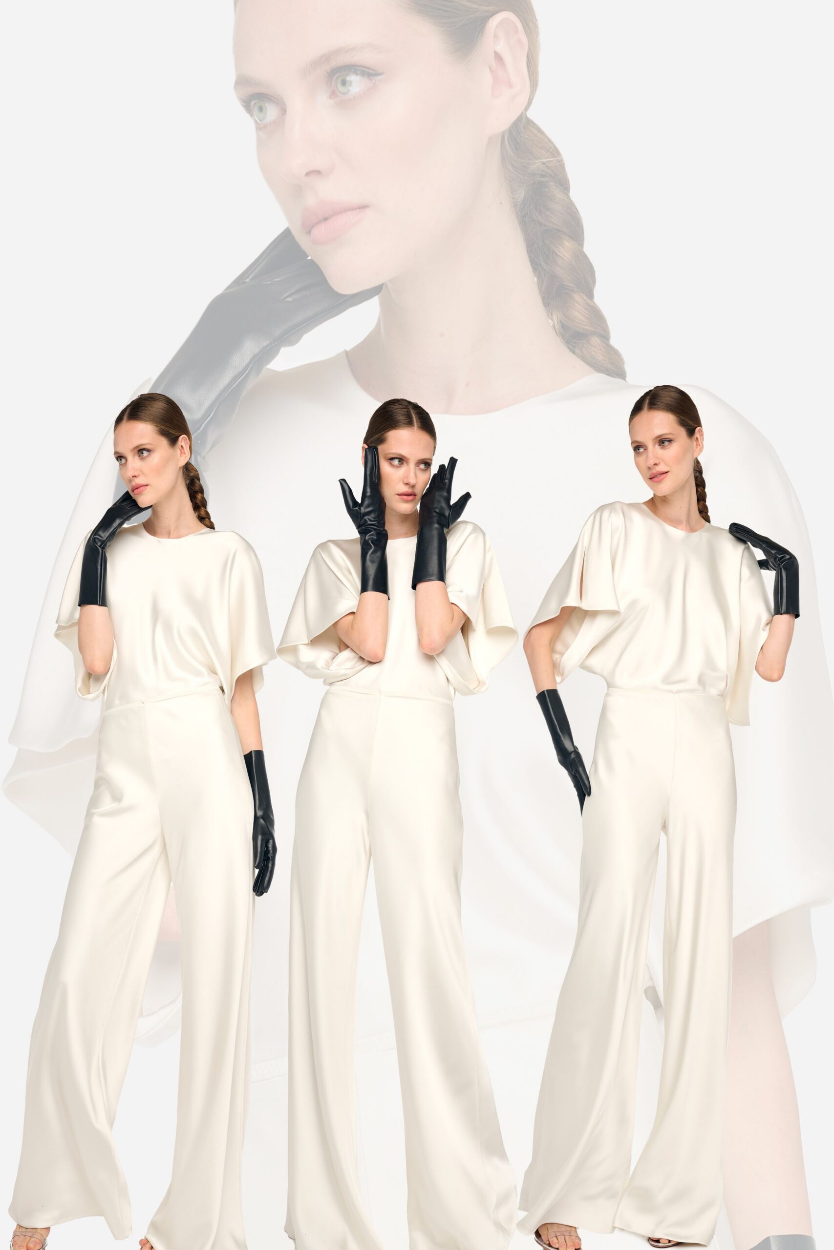white relaxed jumpsuit with black gloves
