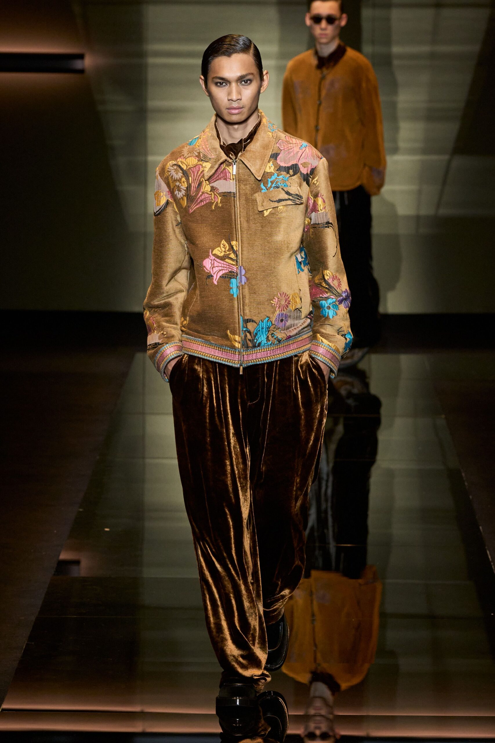 brown velvet embroidered jacket and pants