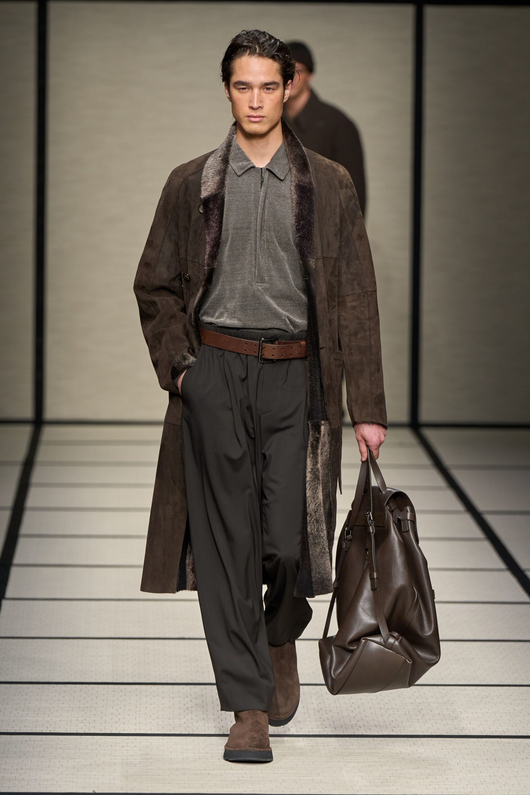 brown suede long-sleeve relaxed belted coat