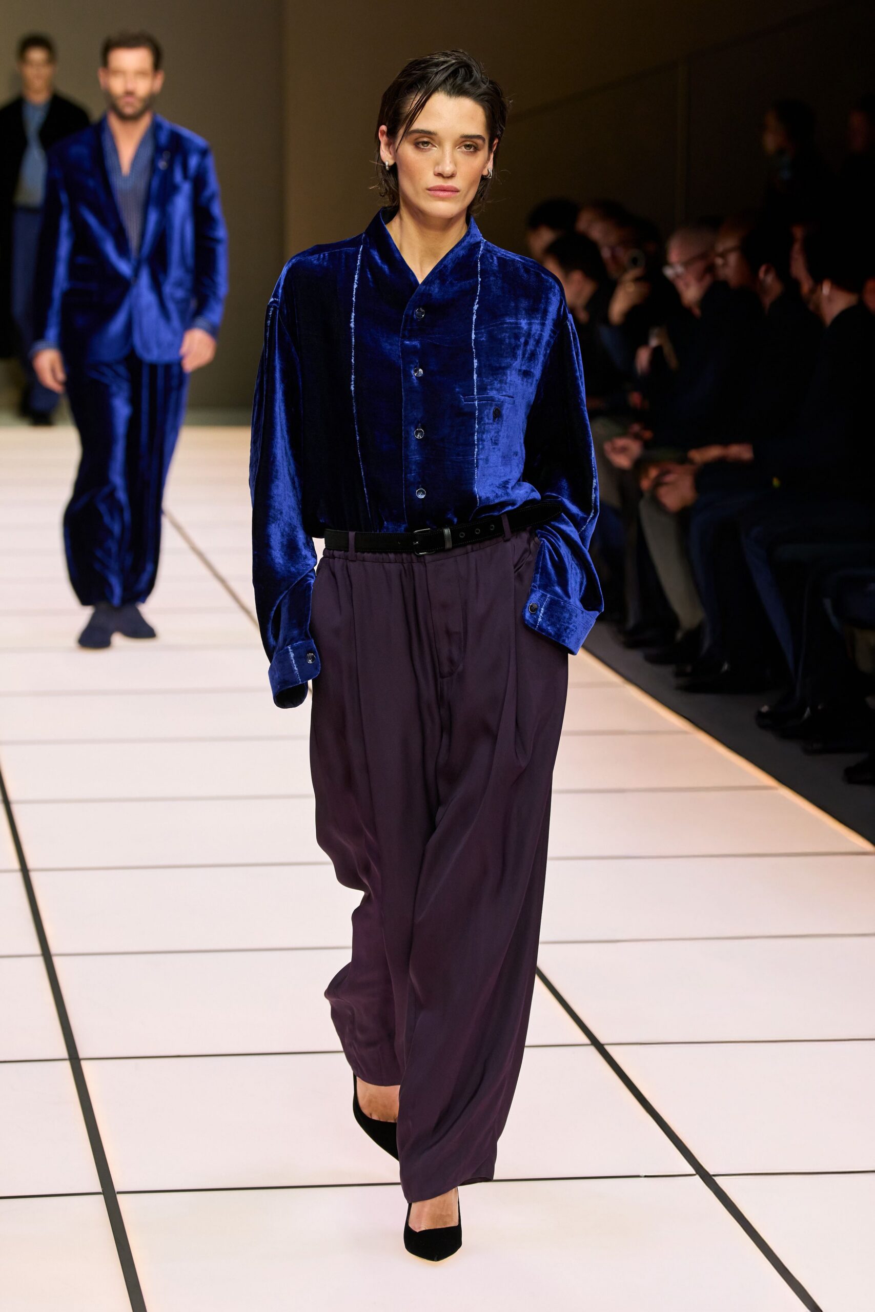 blue velvet shirt with purple pants