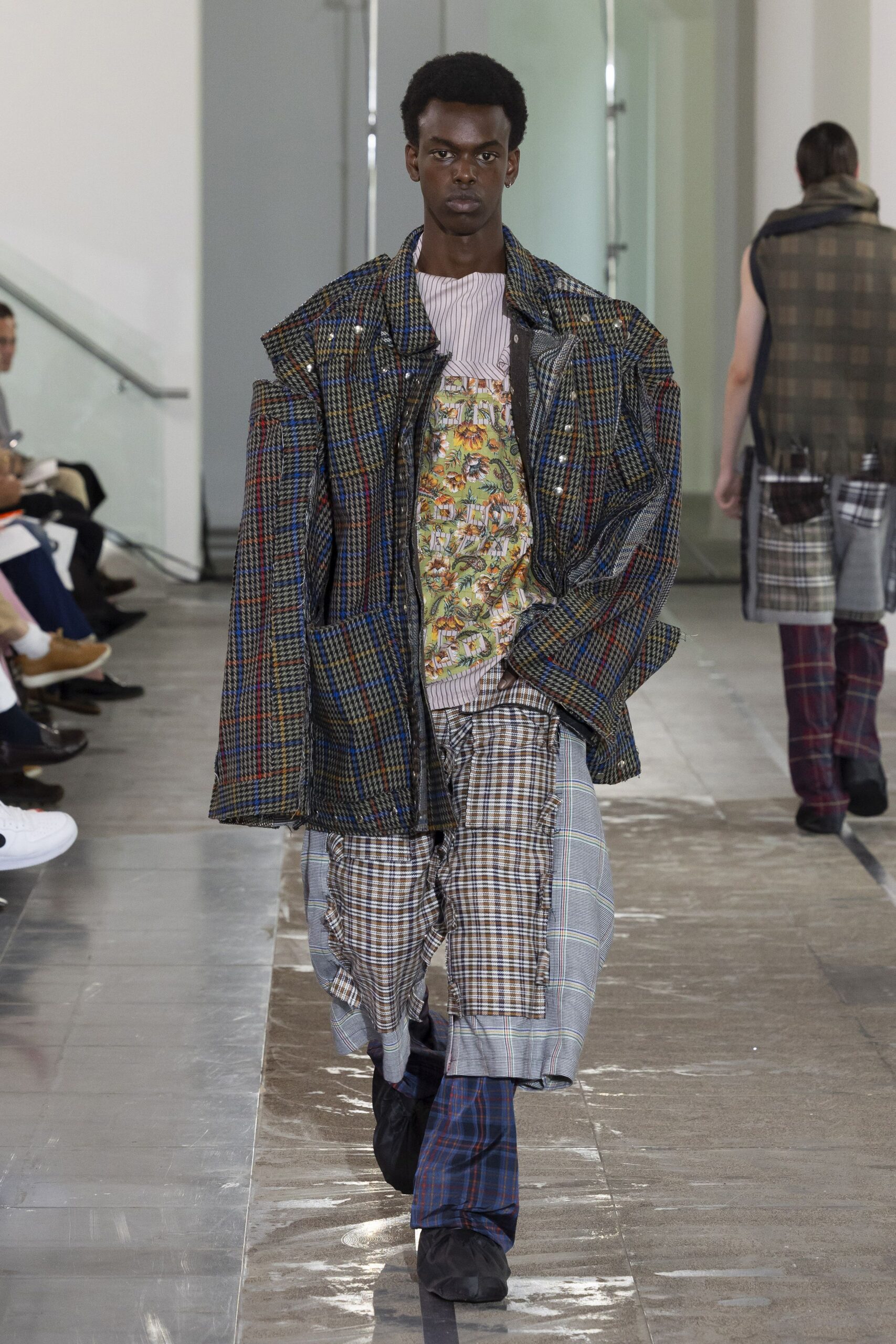 multi cotton long-sleeve collared oversized checked jacket