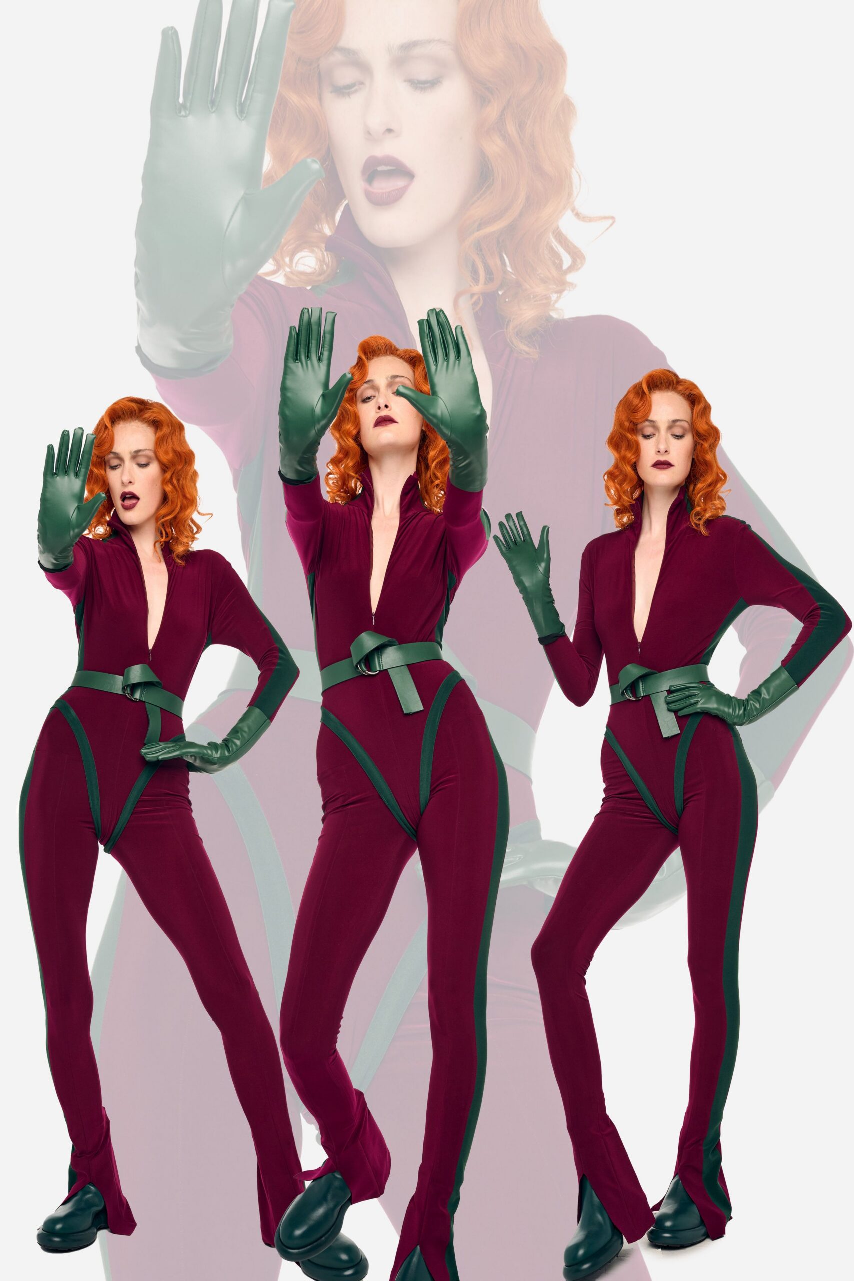 maroon jersey long-sleeve v-neck fitted zippered belted jumpsuit