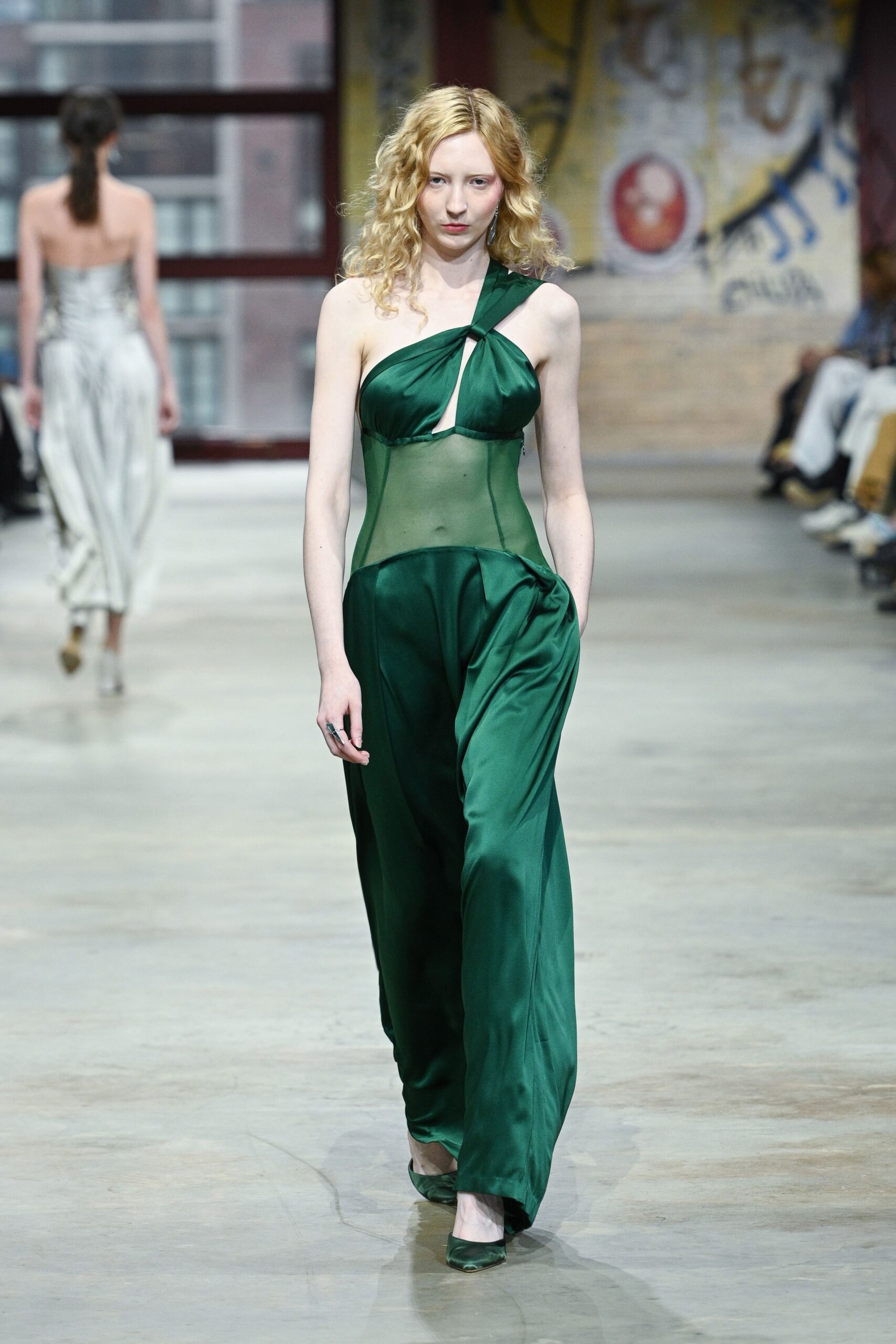 green silk sleeveless cutout fitted draped flowing jumpsuit