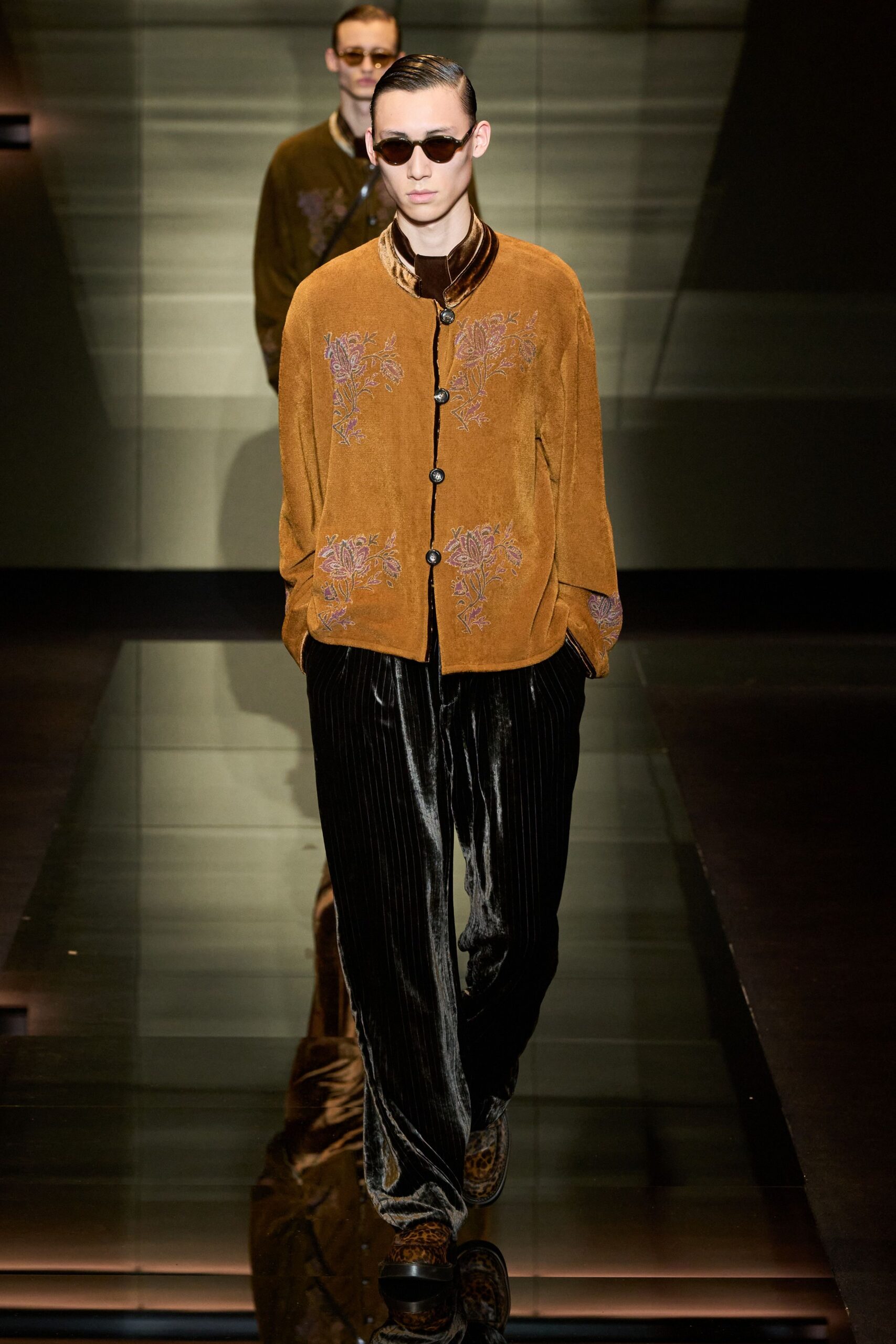 brown velvet jacket with black pants