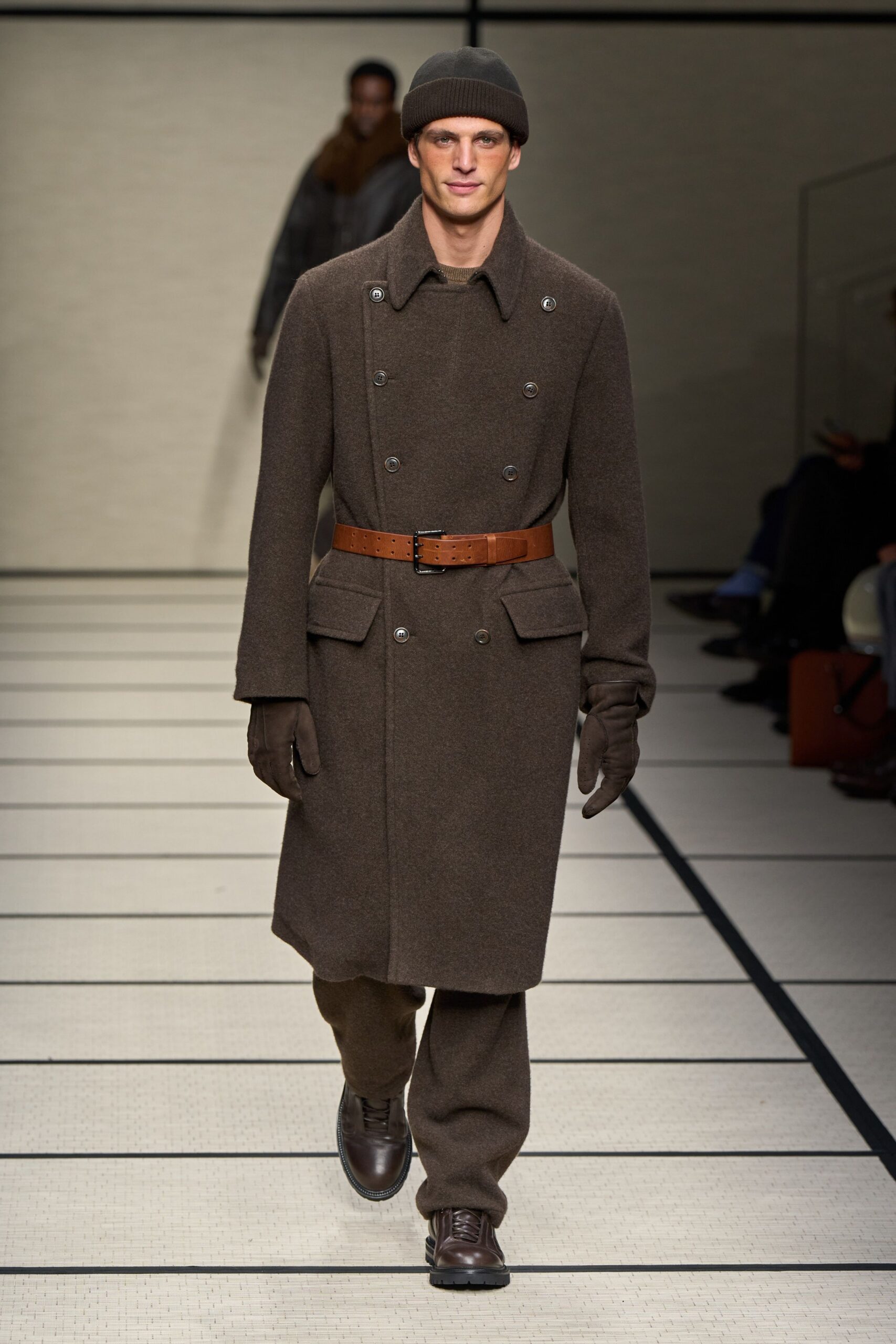 brown wool long-sleeve double-breasted tailored belted coat