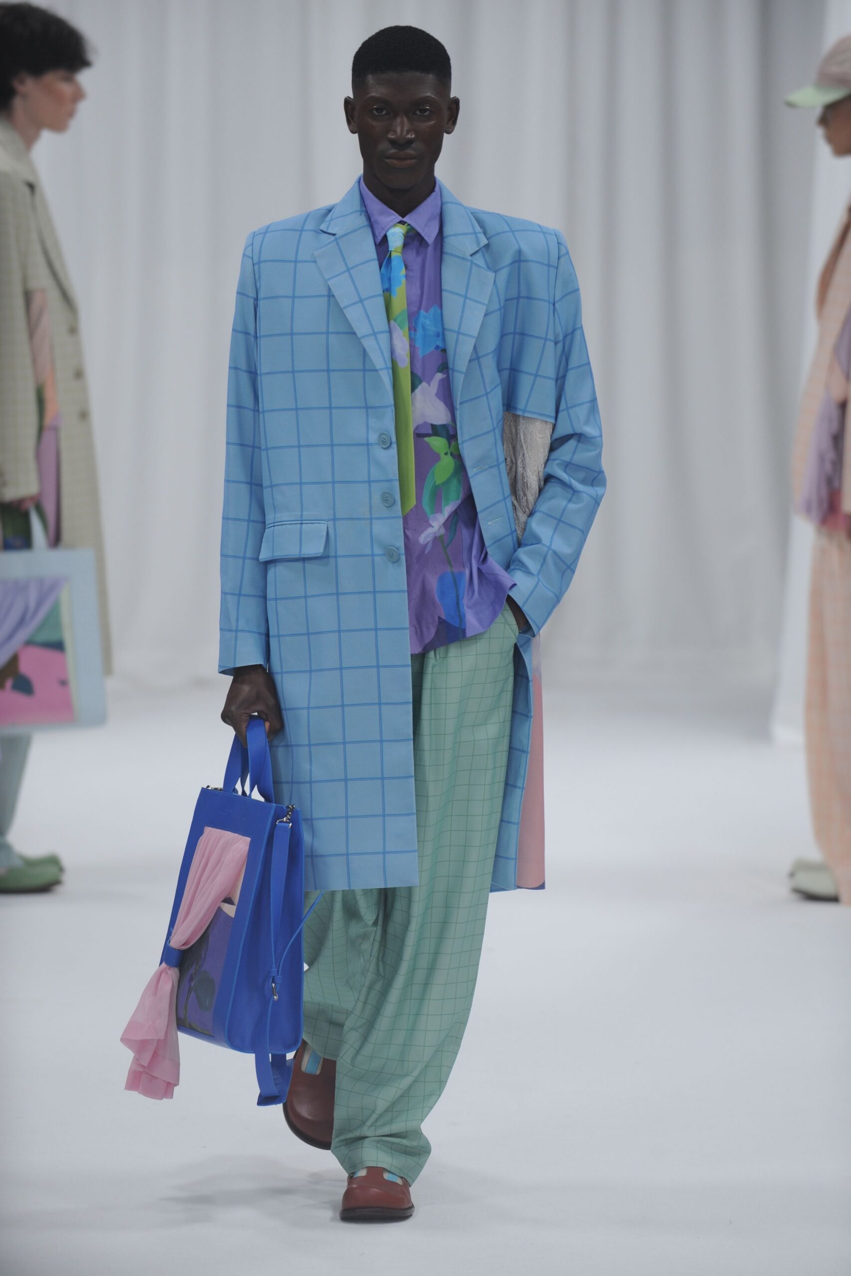 blue checked coat with printed shirt