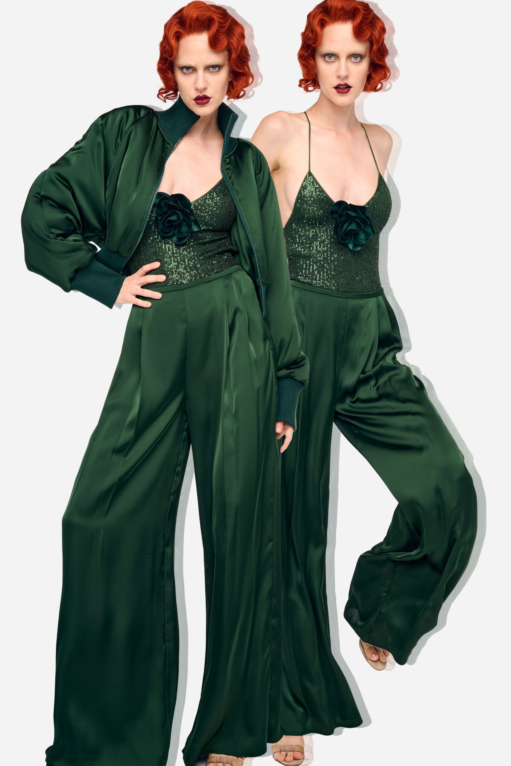 green satin sleeveless v-neck fitted sequined shiny bodysuit