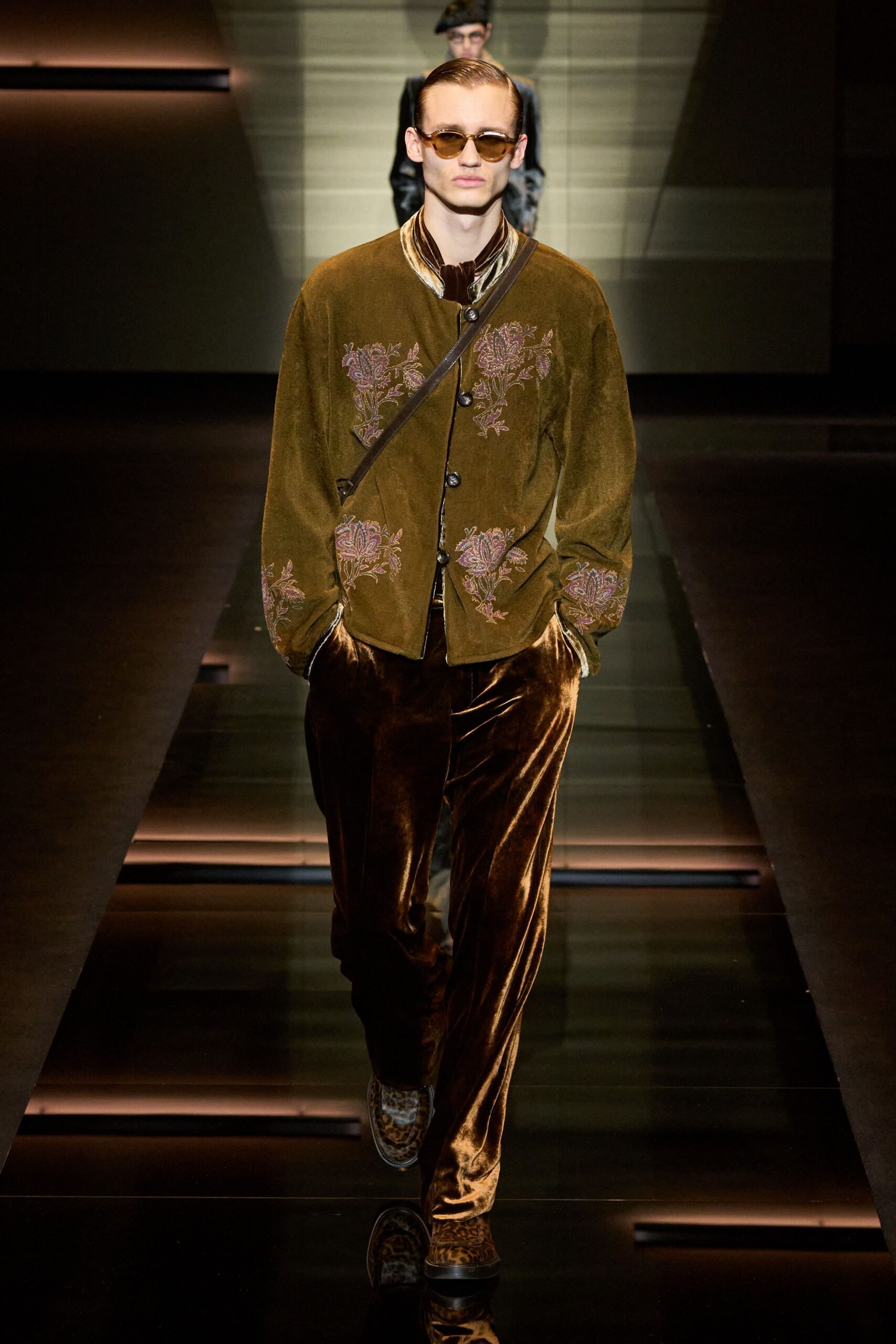 brown velvet embroidered jacket and pants