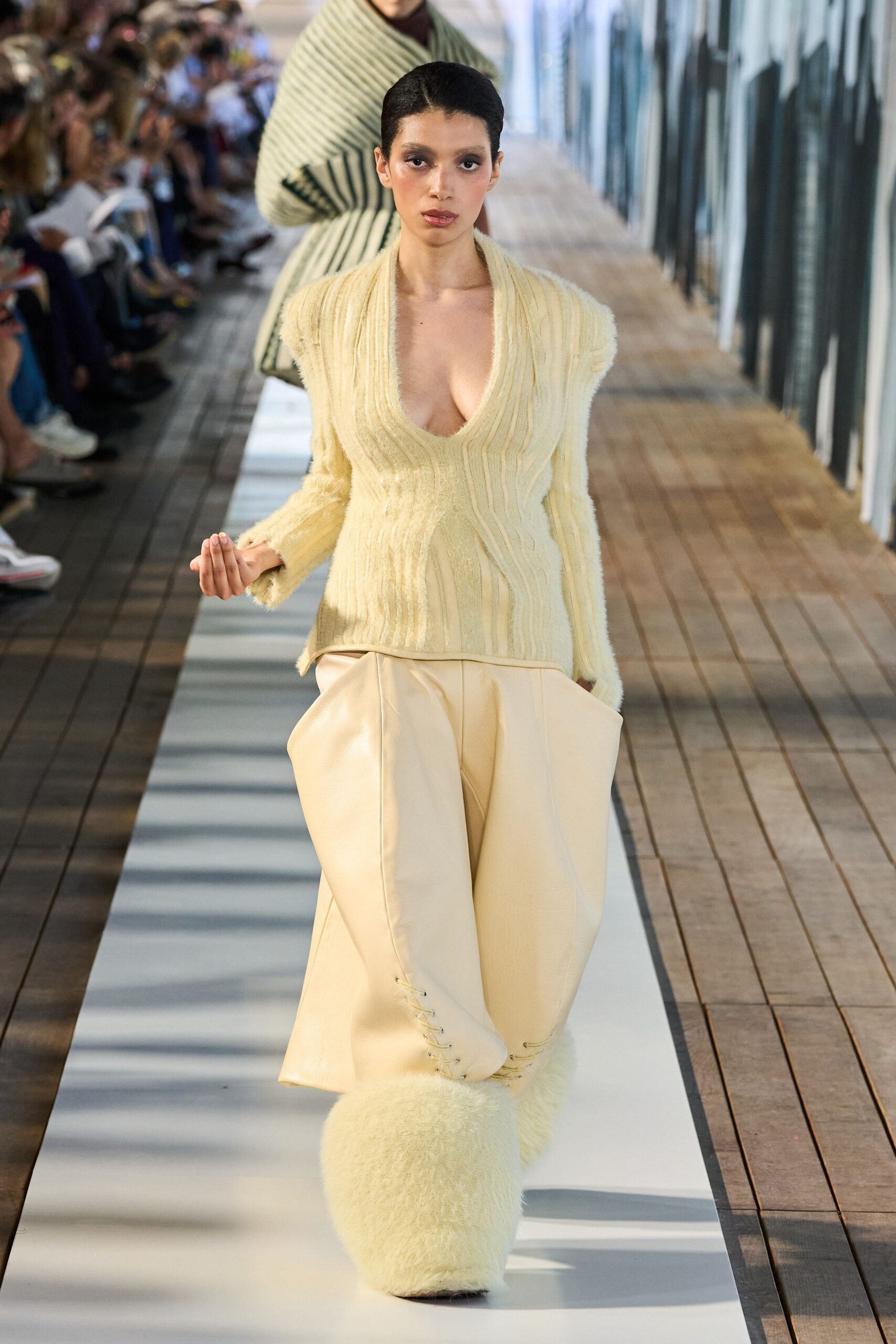 yellow wool relaxed wide-leg buttoned pants