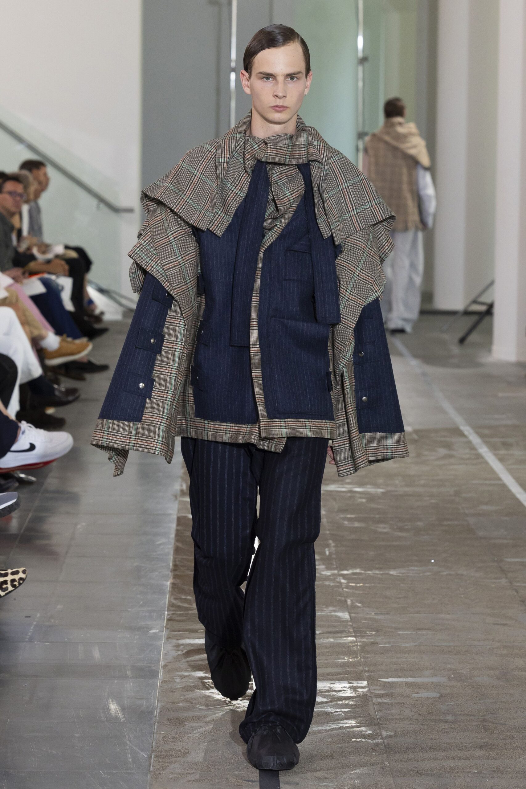 relaxed blue layered jacket with fitted pants