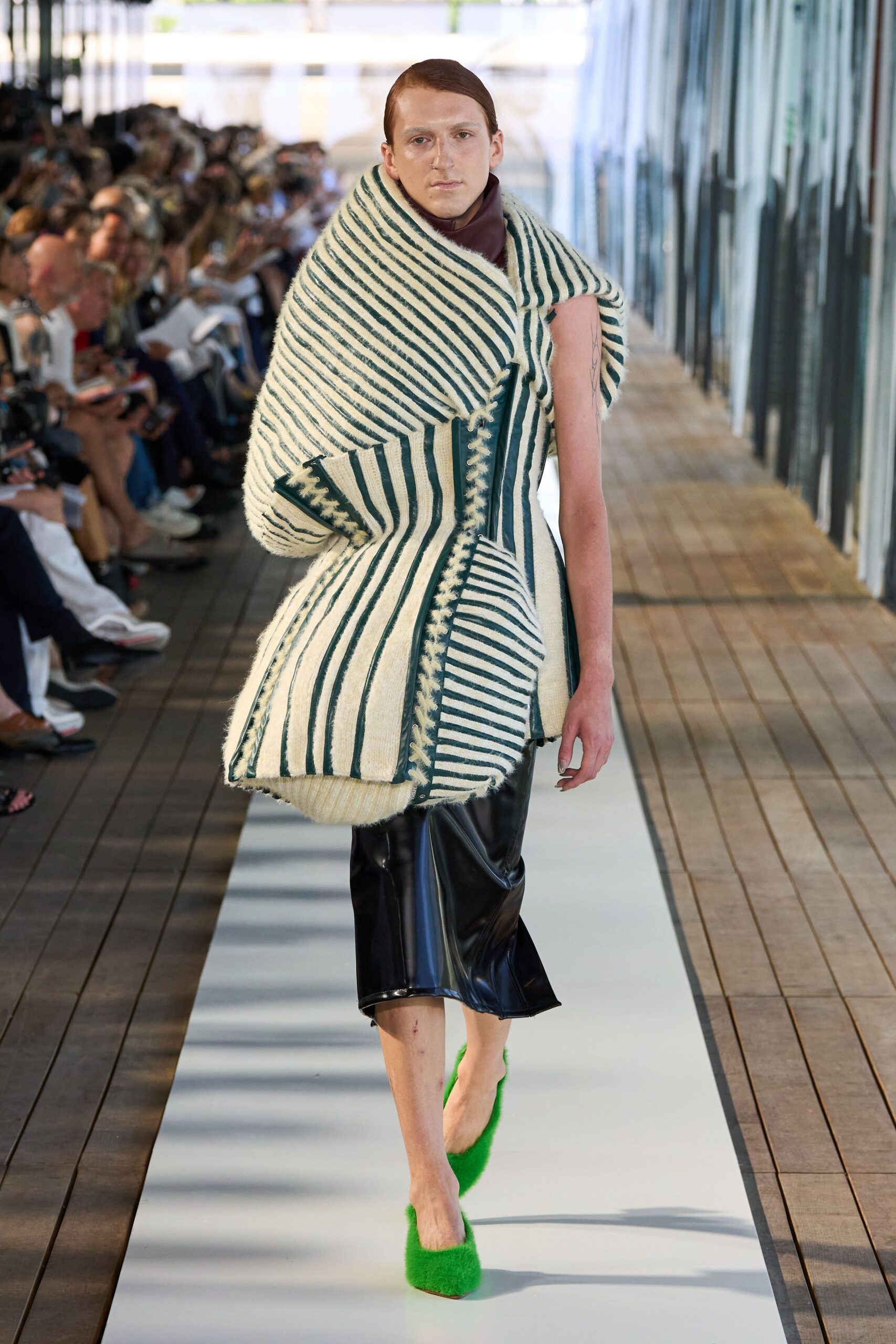 striped coat with leather skirt