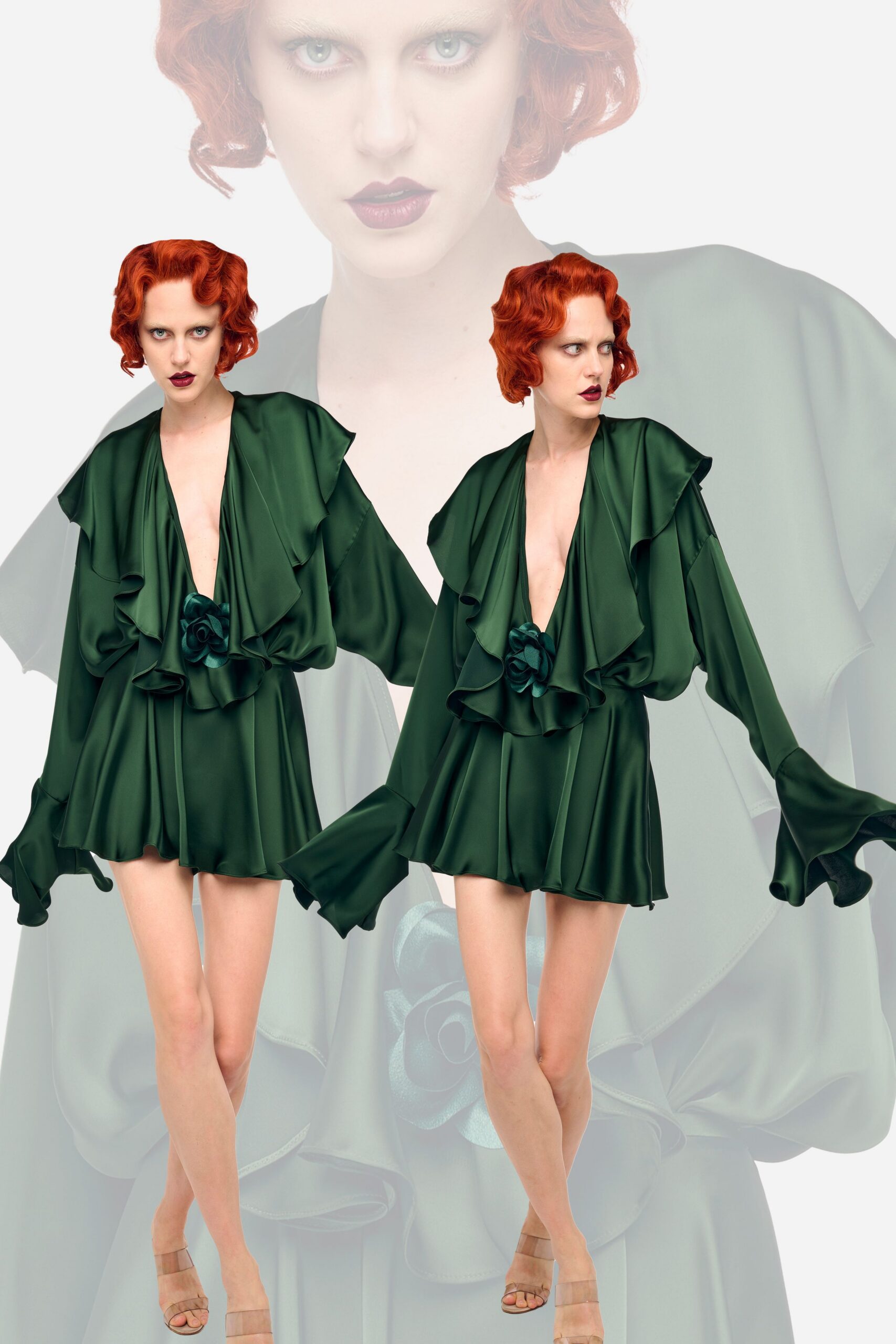 green silk long-sleeve v-neck relaxed ruffled draped romper