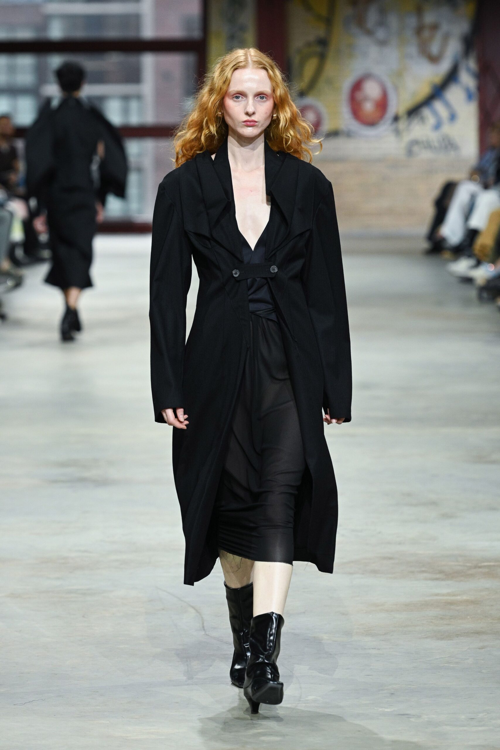 black wool long-sleeve v-neck relaxed coat