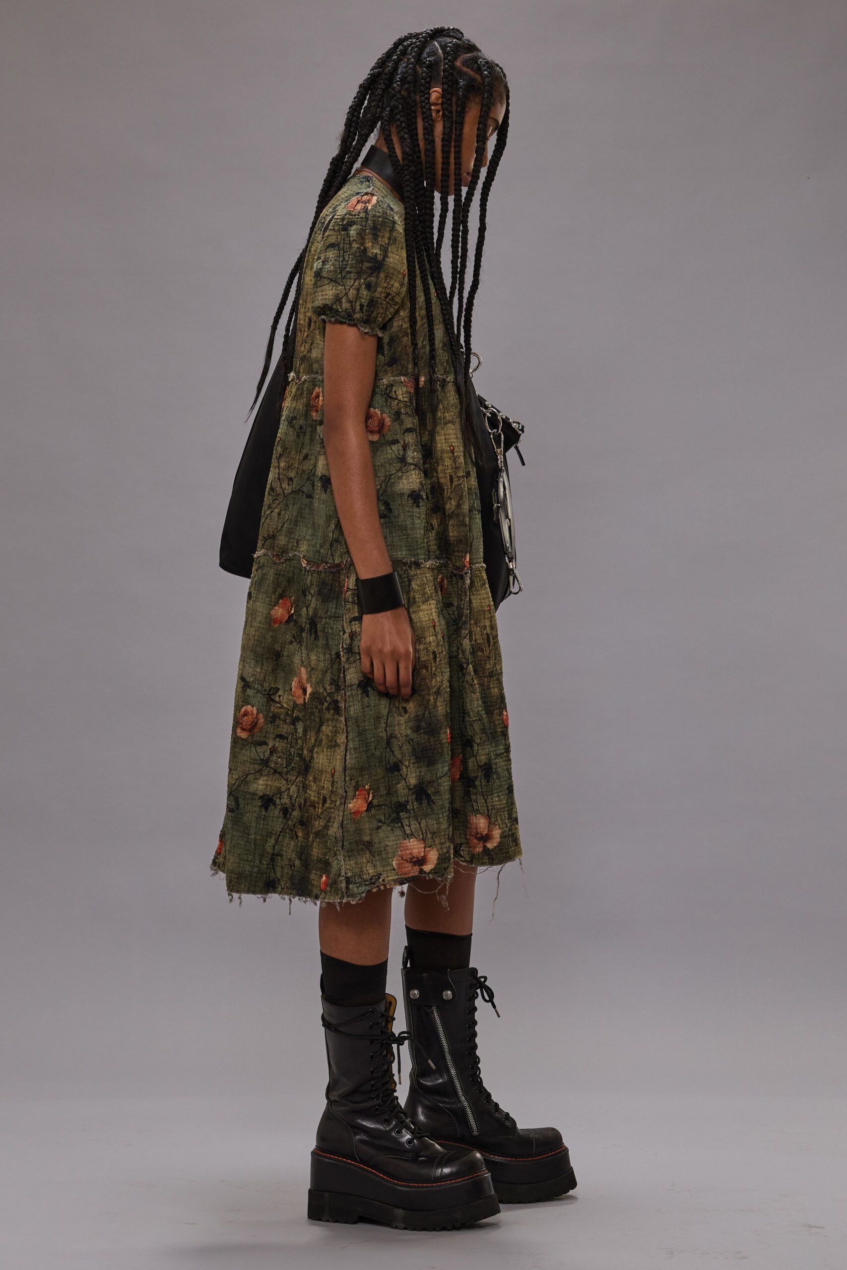 green floral mini dress with black boots