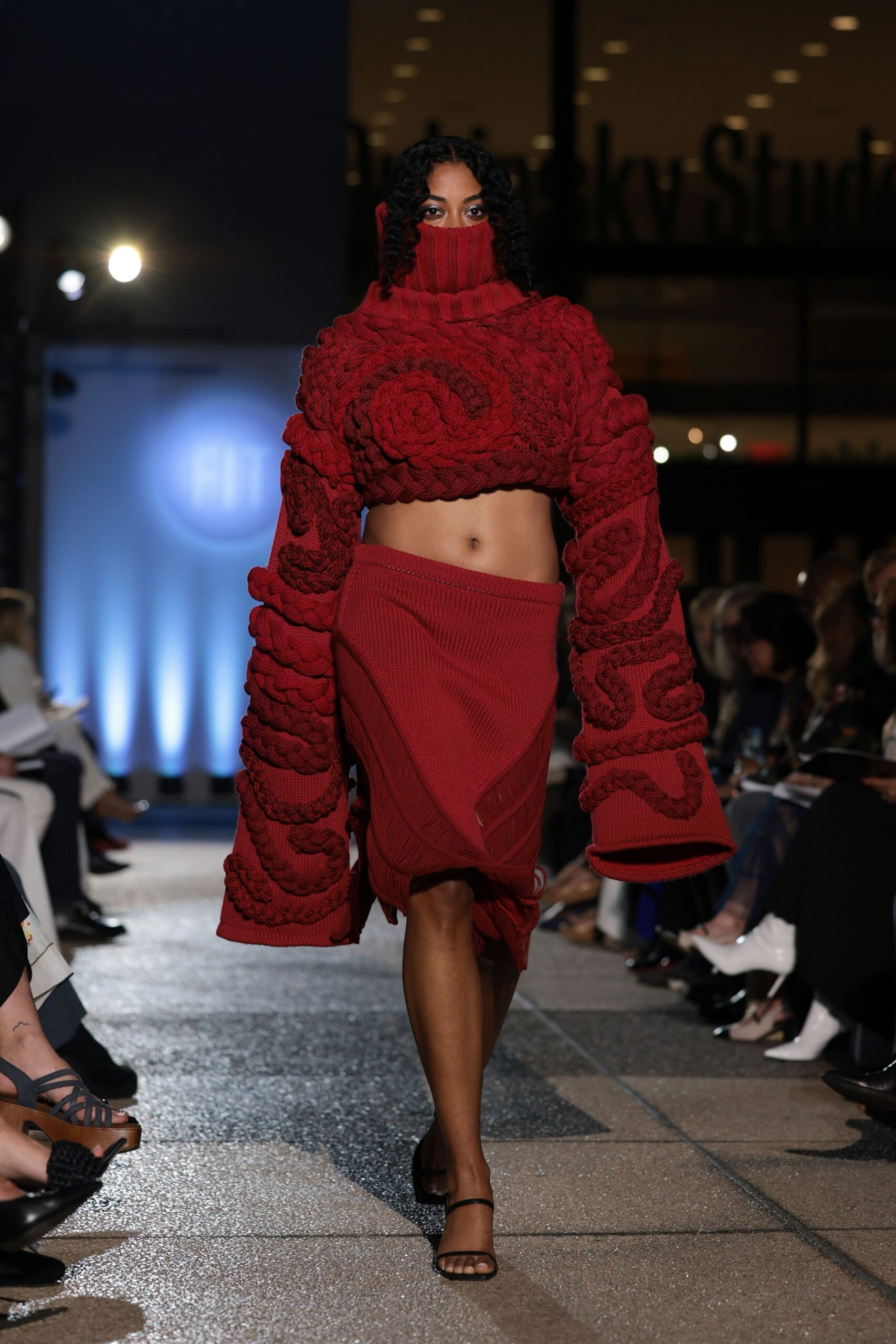 red wool long-sleeve high-neck fitted textured top