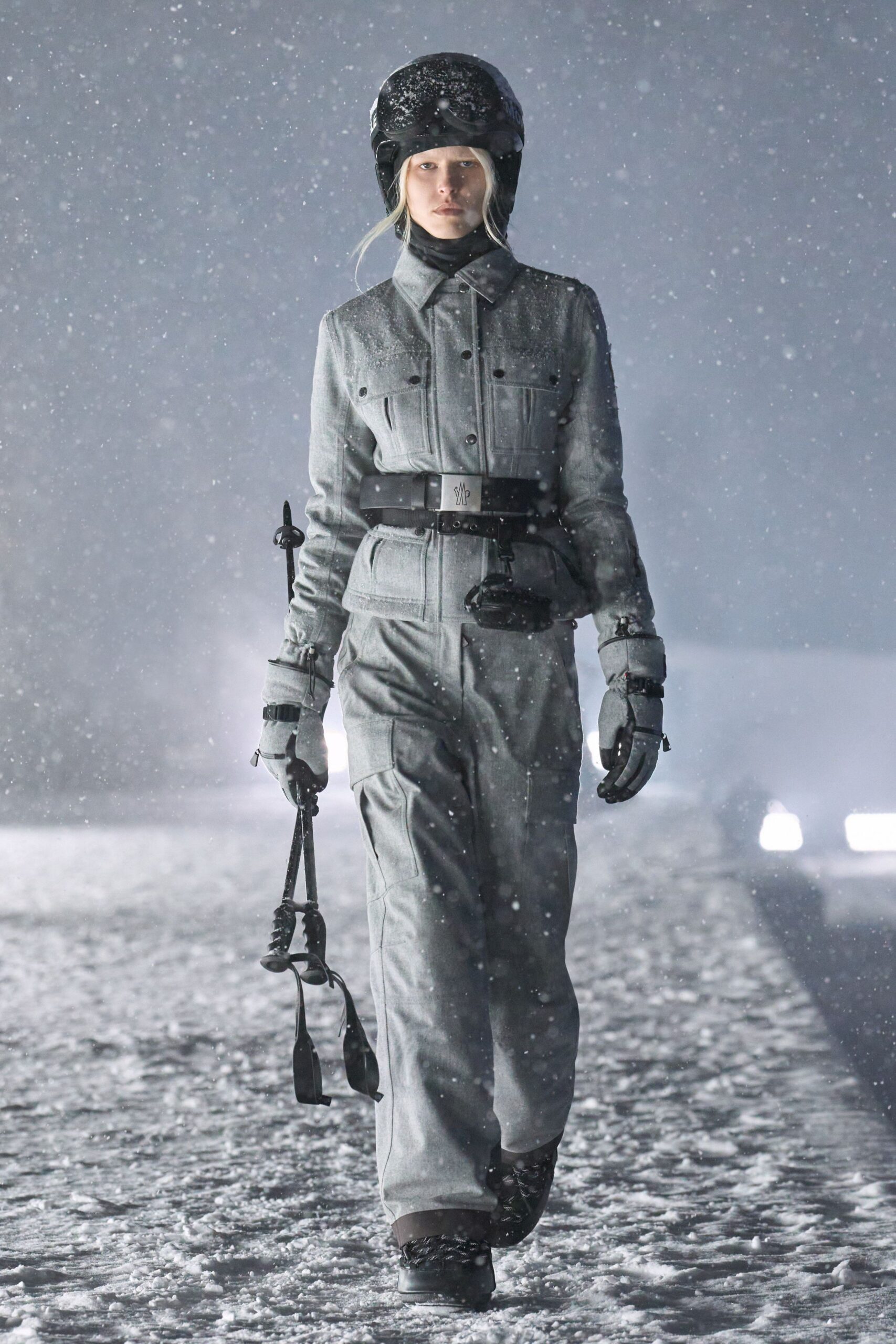 gray cotton long-sleeve collared fitted zippered pockets jumpsuit