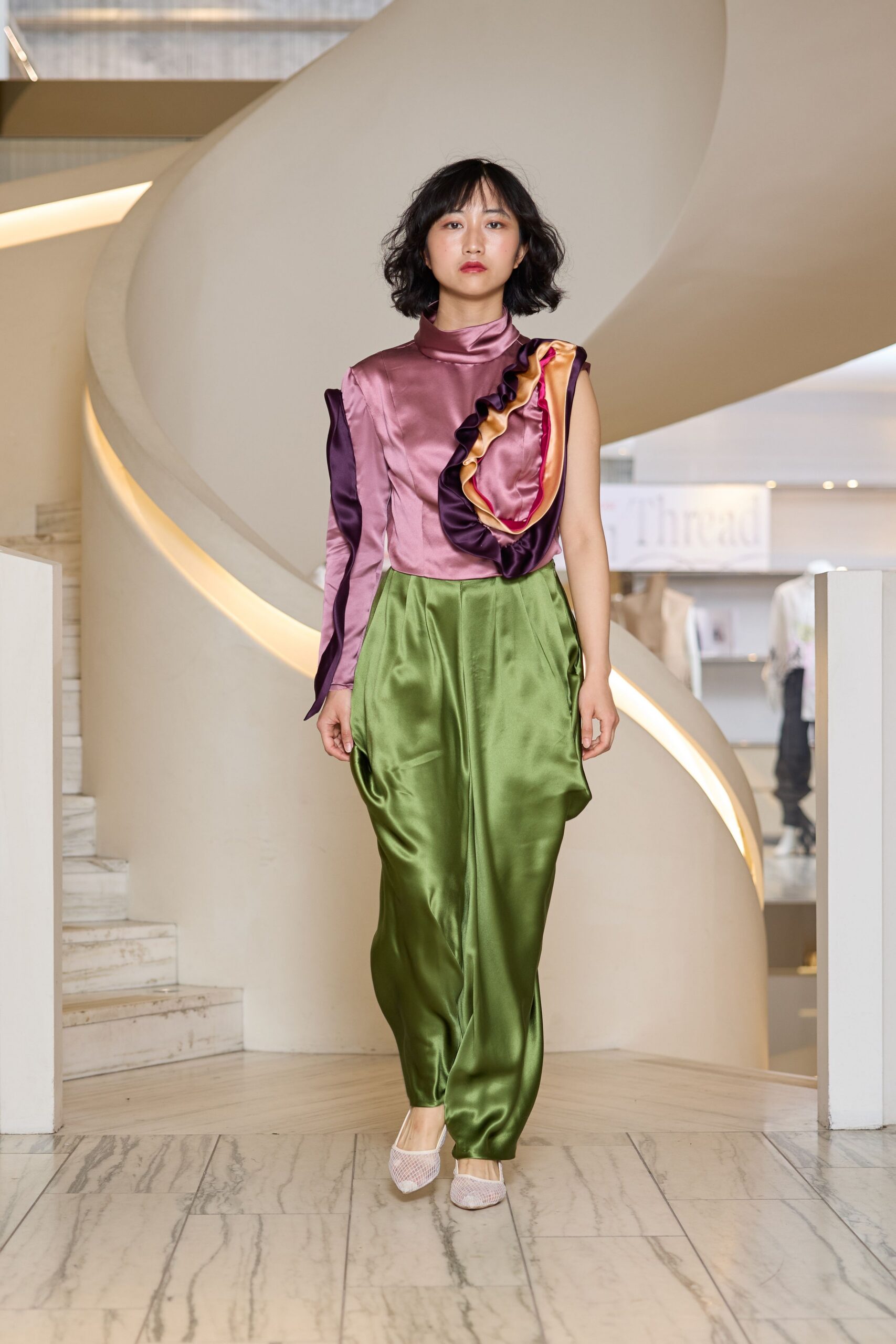 green satin relaxed wide-leg pants