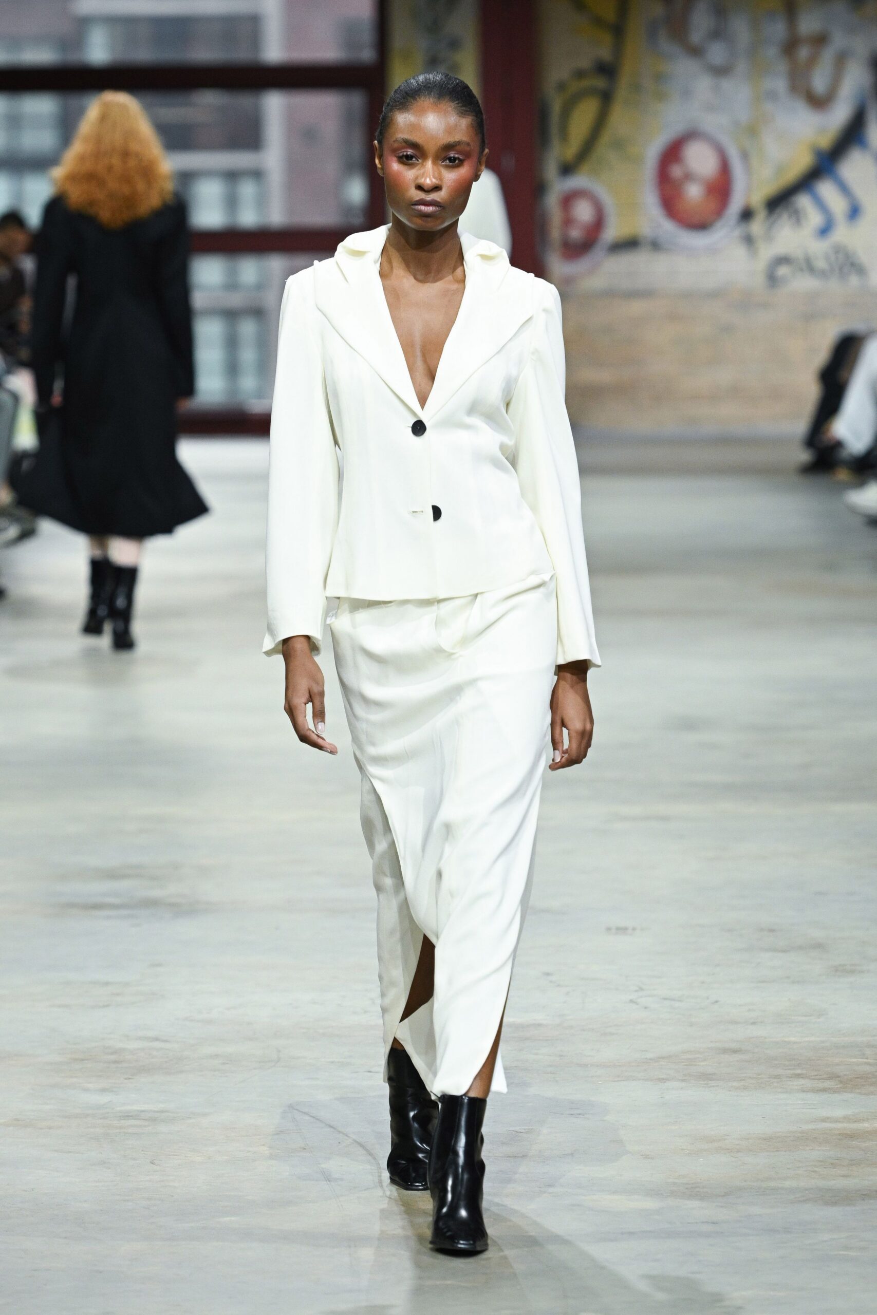 white silk long-sleeve v-neck fitted buttoned midi suit
