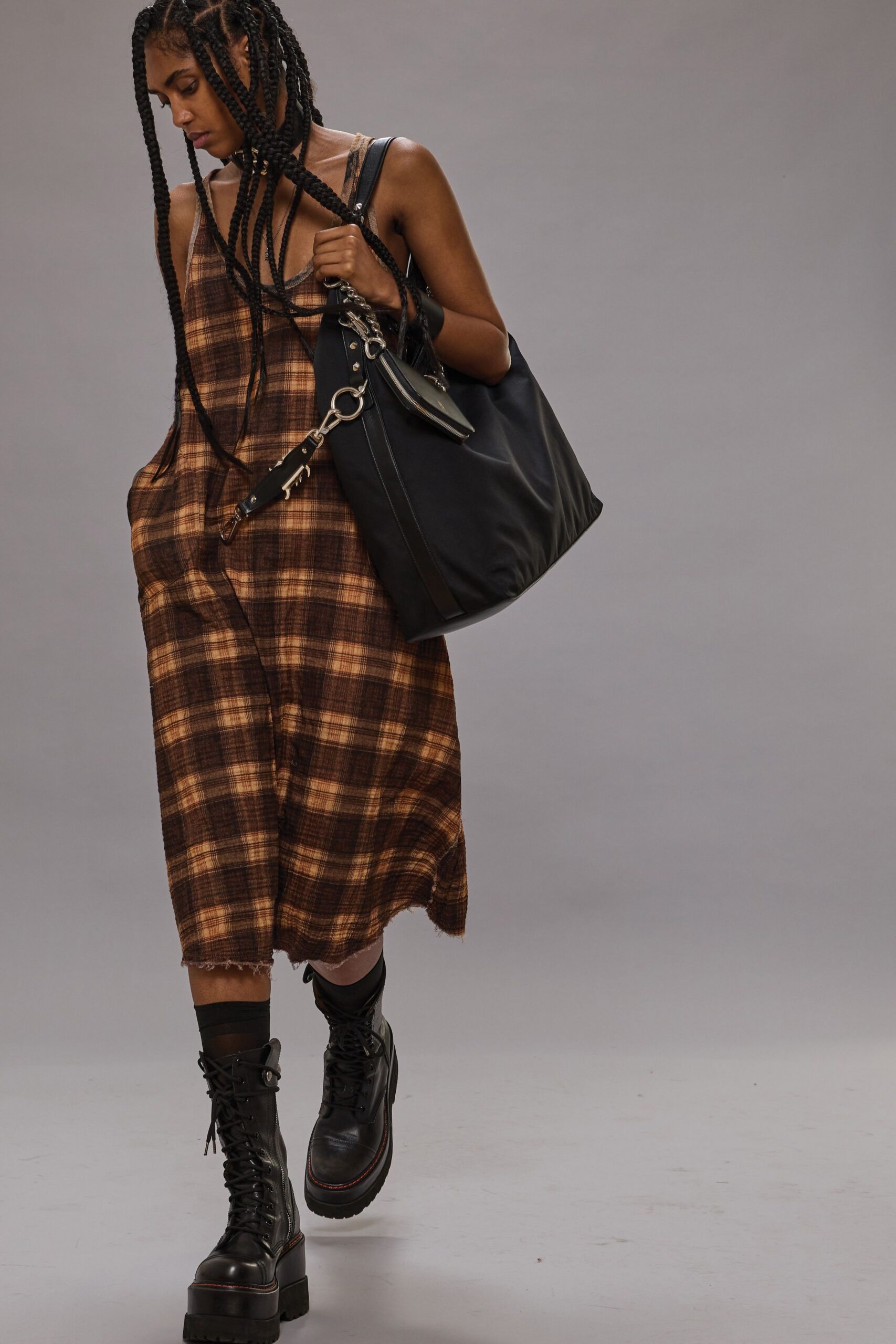 brown checked midi dress with black boots