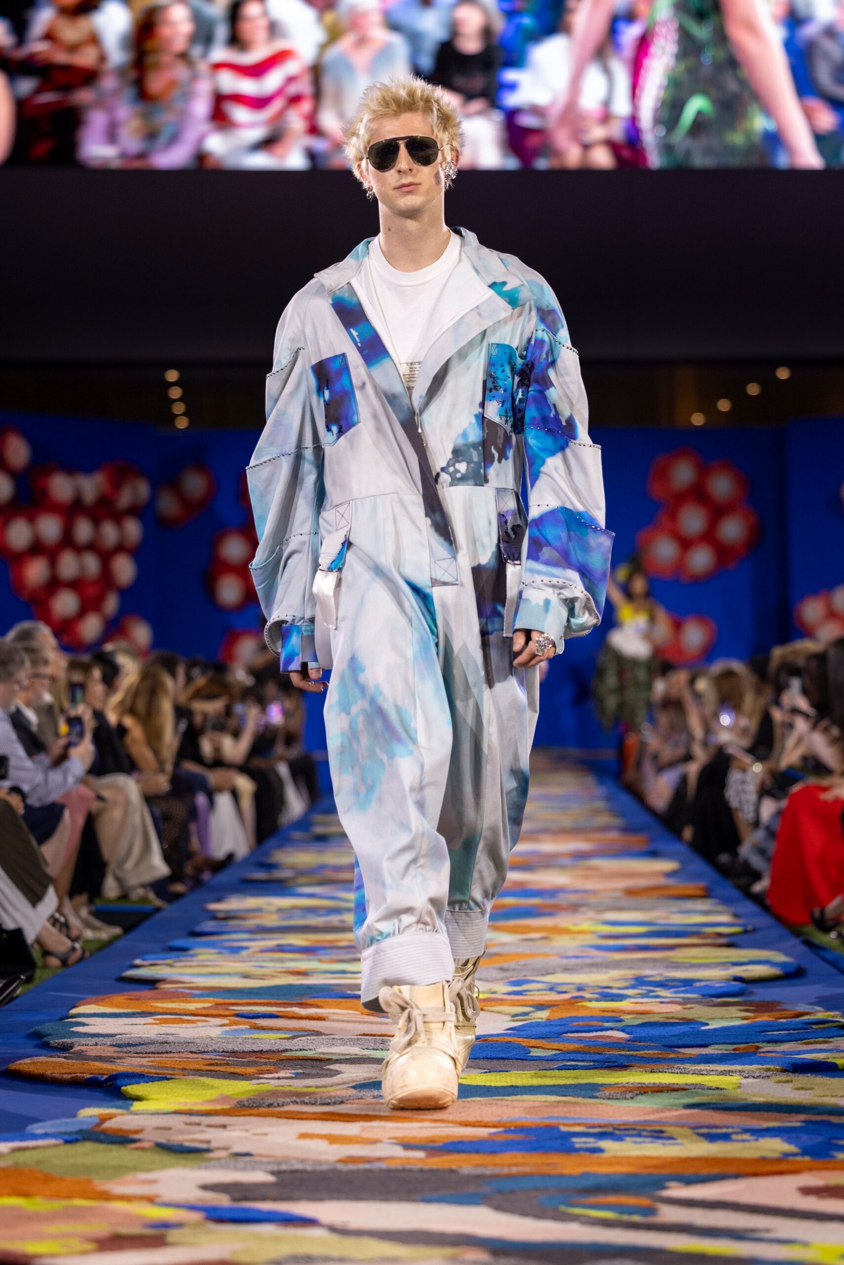 blue and white color-blocked jumpsuit