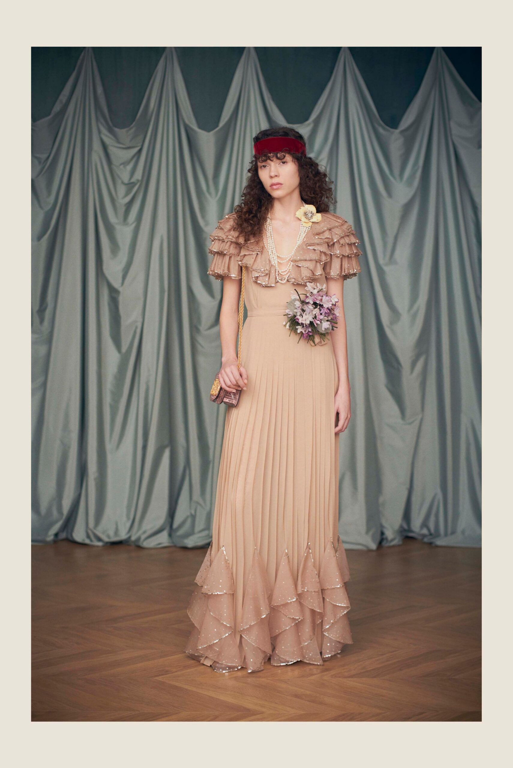 beige silk short-sleeve v-neck fitted pleated ruffled gown