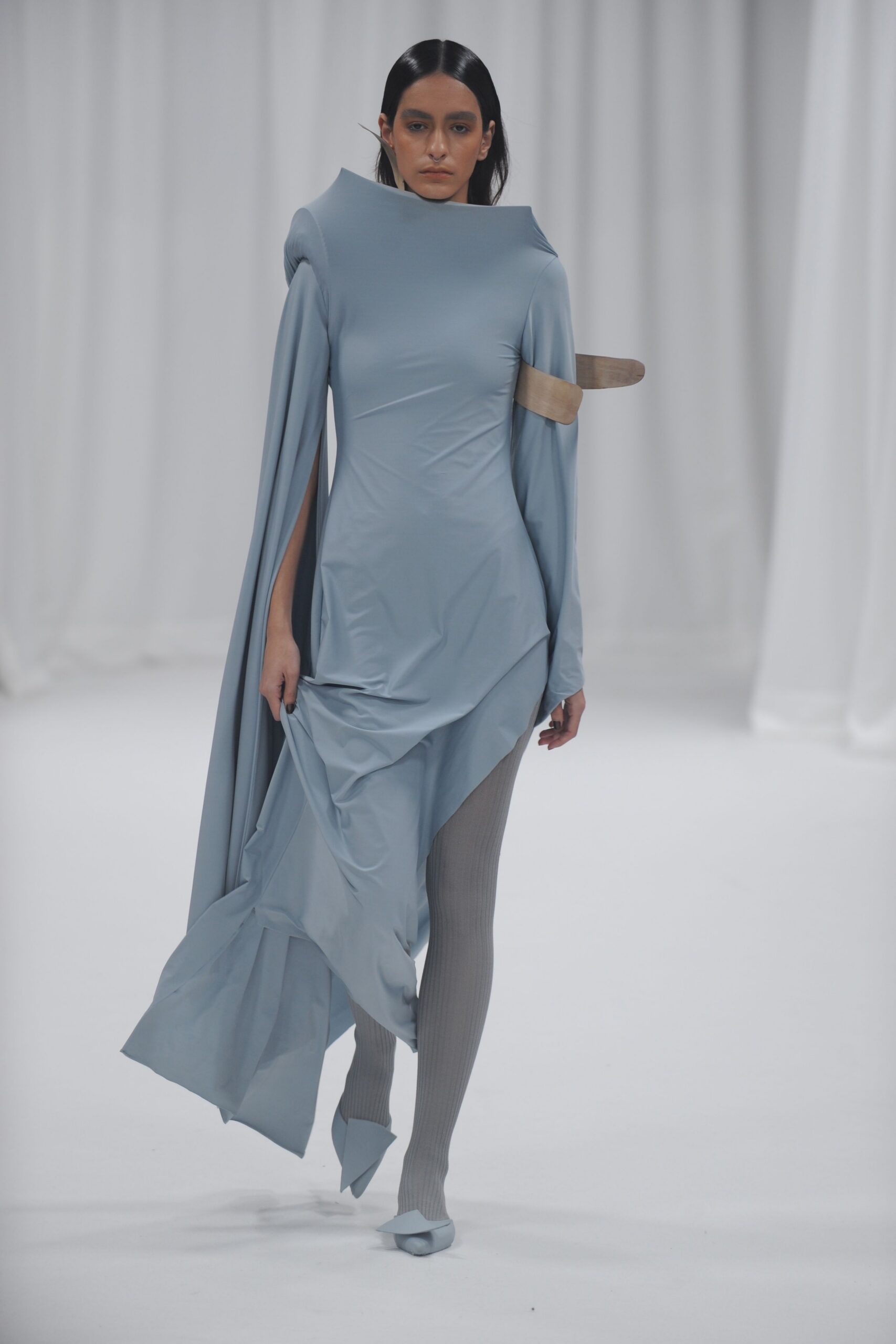 blue draped midi dress with shoes