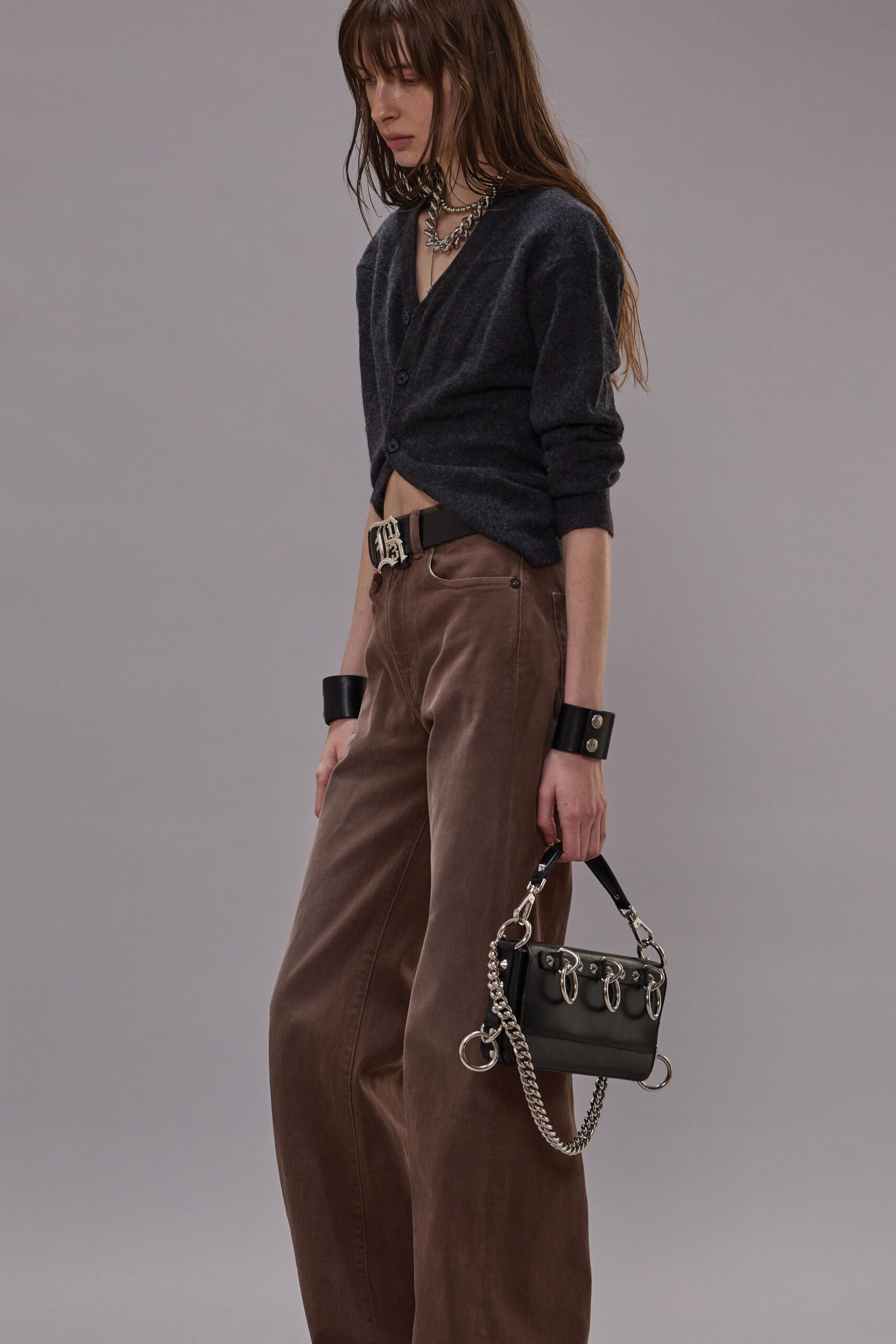 gray wool cardigan with brown pants