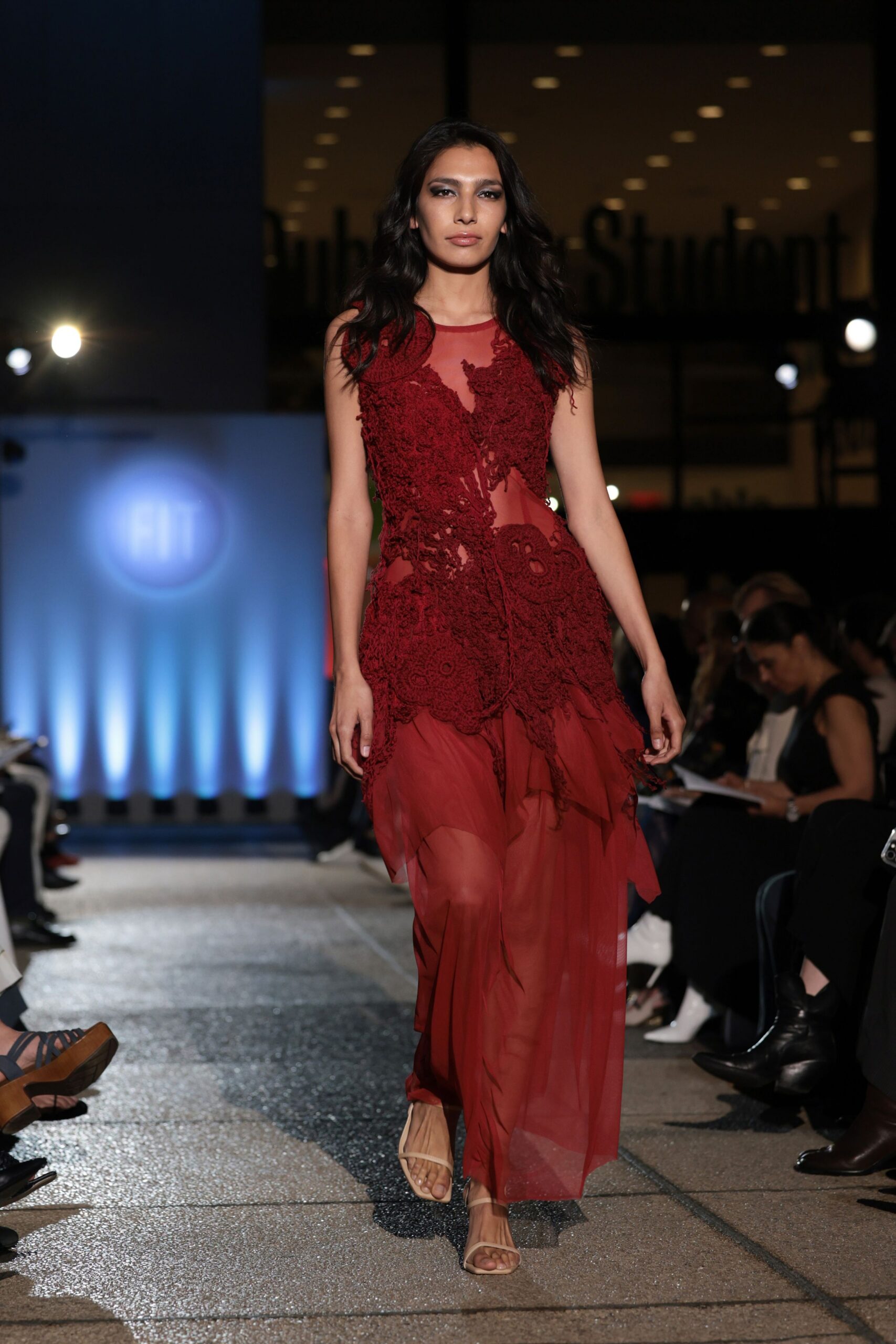 red silk sleeveless v-neck fitted embroidered layered gown