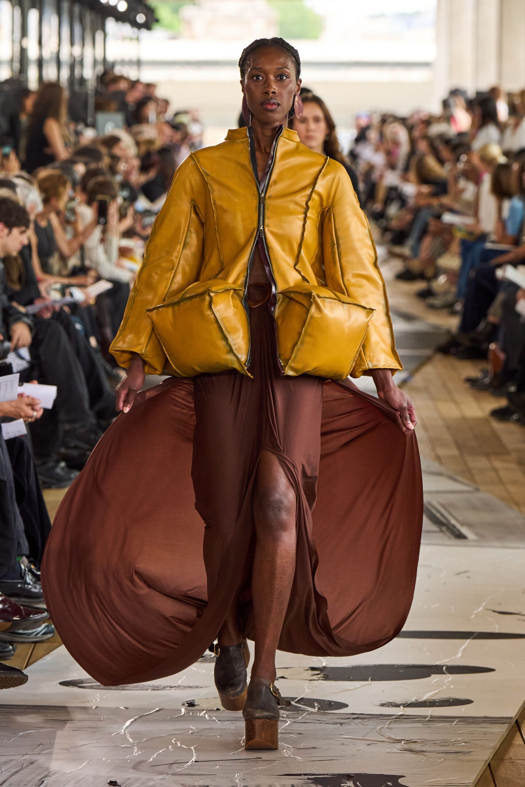 yellow leather long-sleeve collared relaxed padded coat