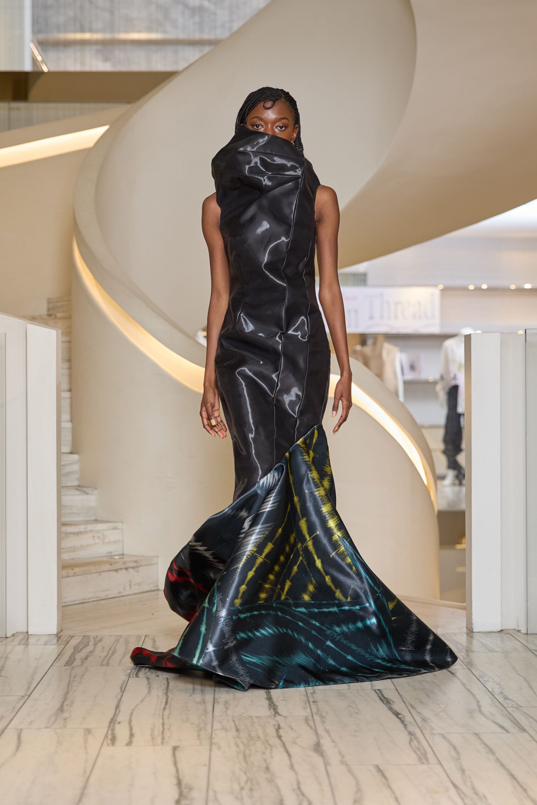 black multi-colored vinyl gown