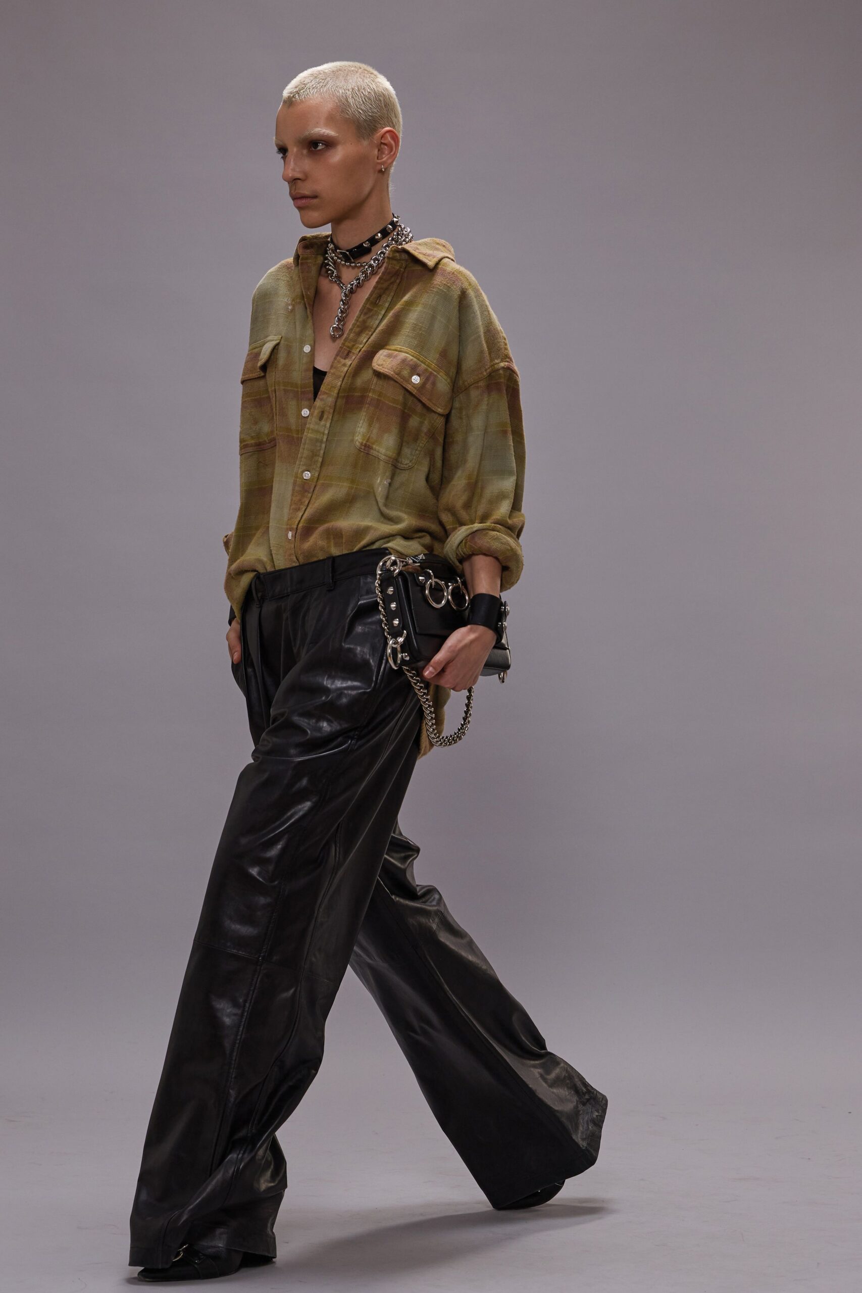 relaxed green checked shirt with black leather pants