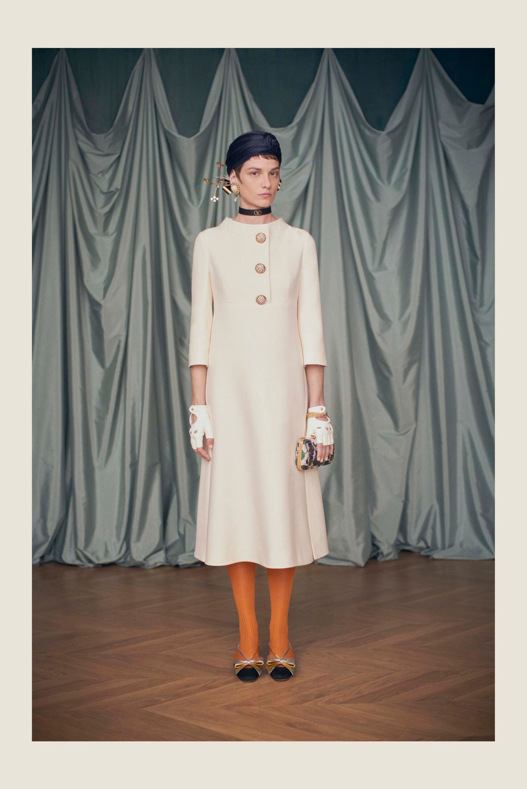 ivory midi dress with gloves