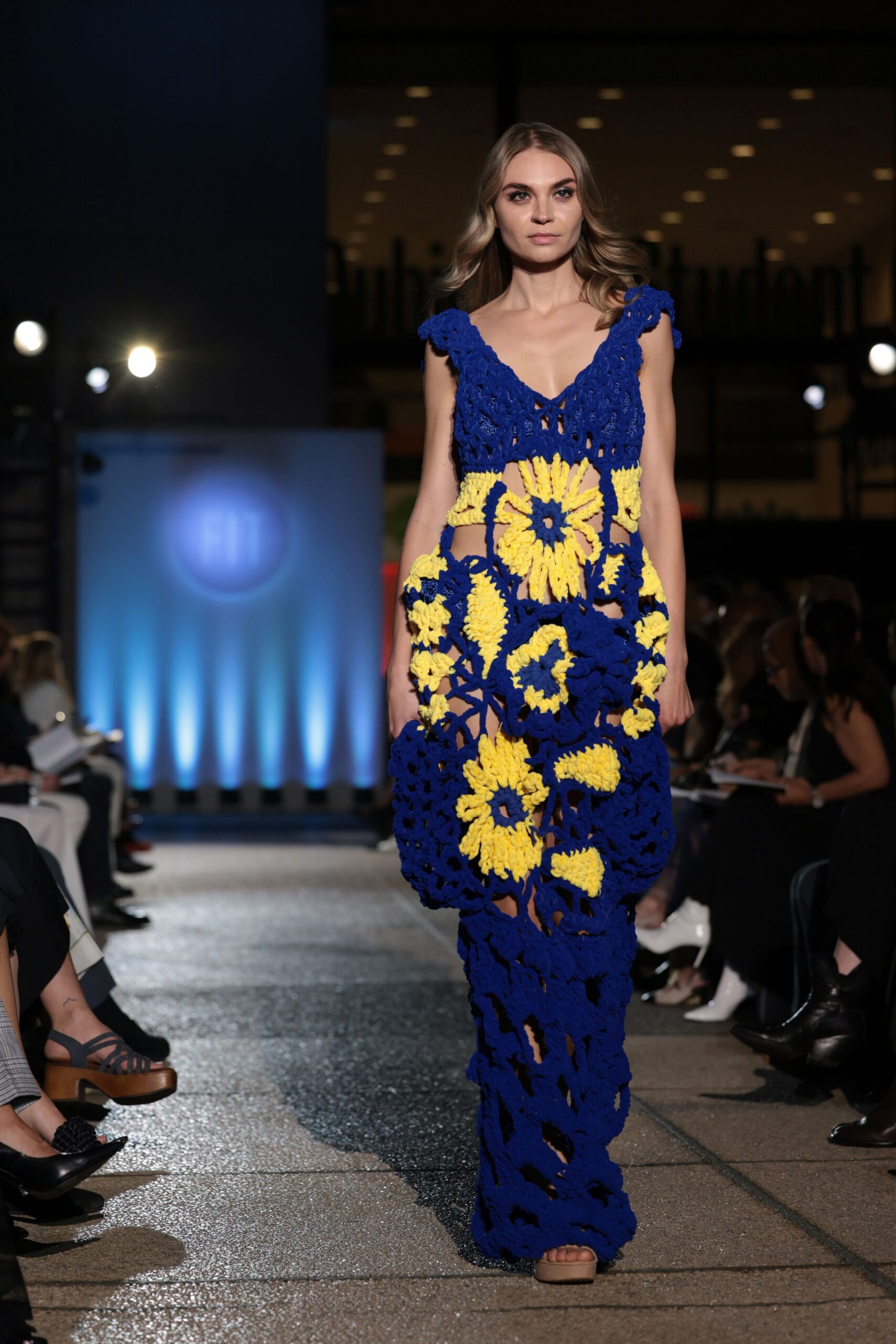 blue yellow floral crochet gown