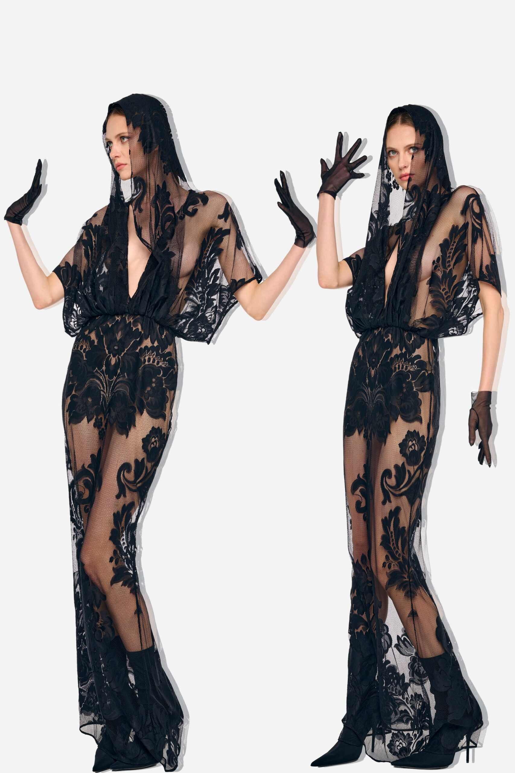 black lace gown with gloves