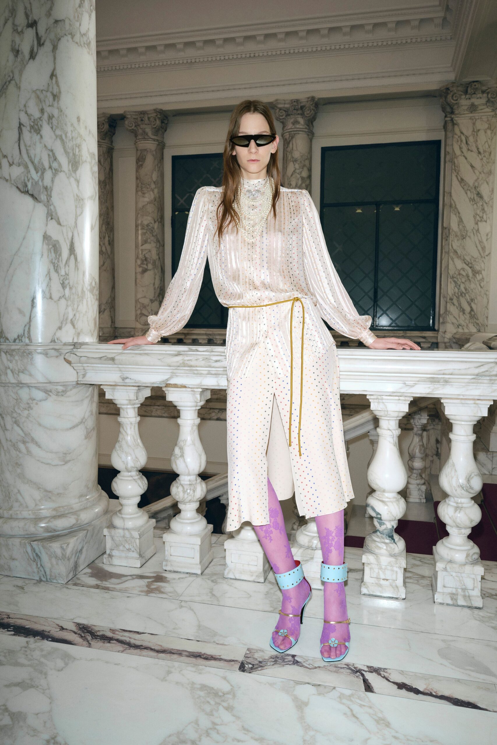 white silk long-sleeve collared fitted pleated embroidered dress