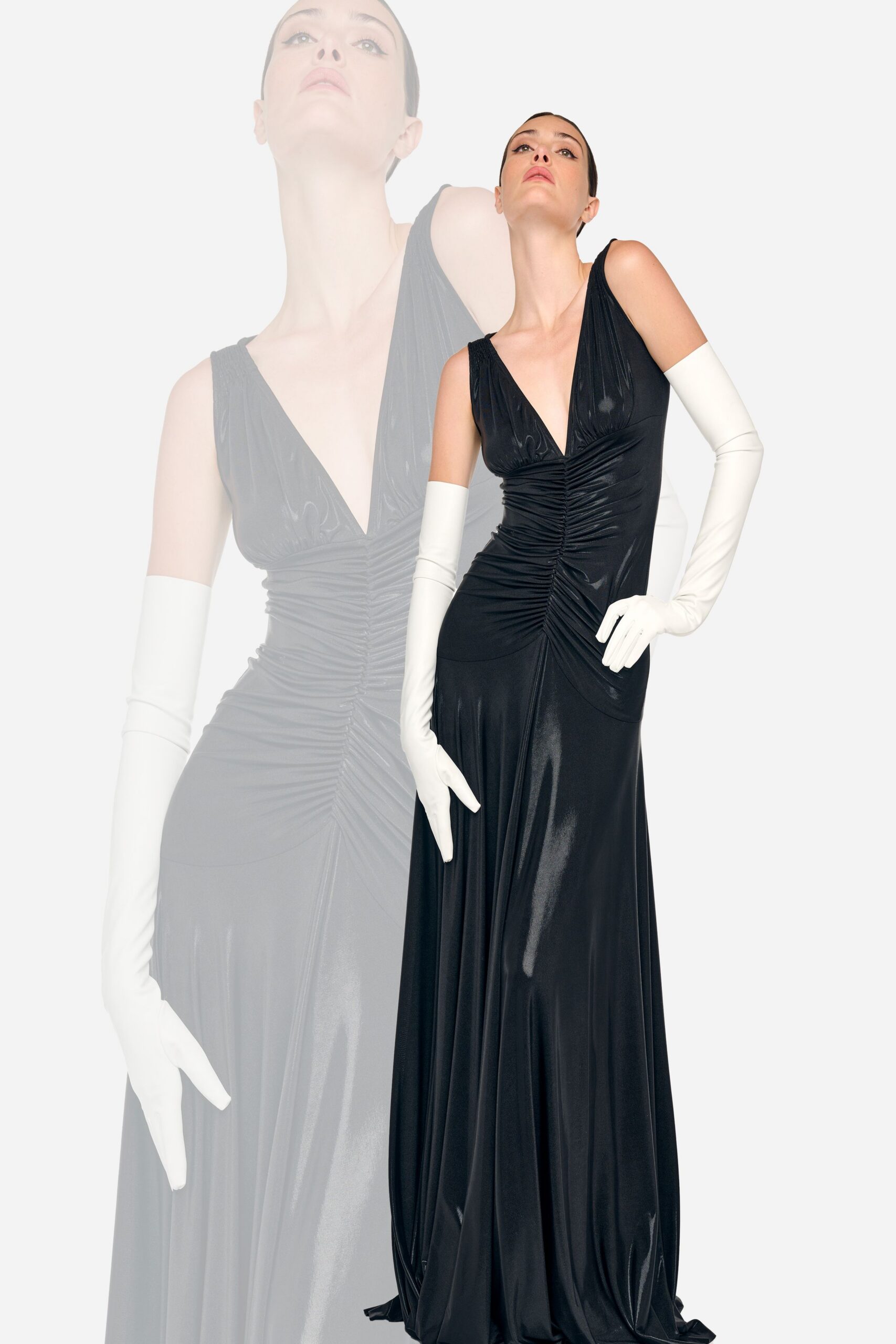 black silk fitted gown with gloves