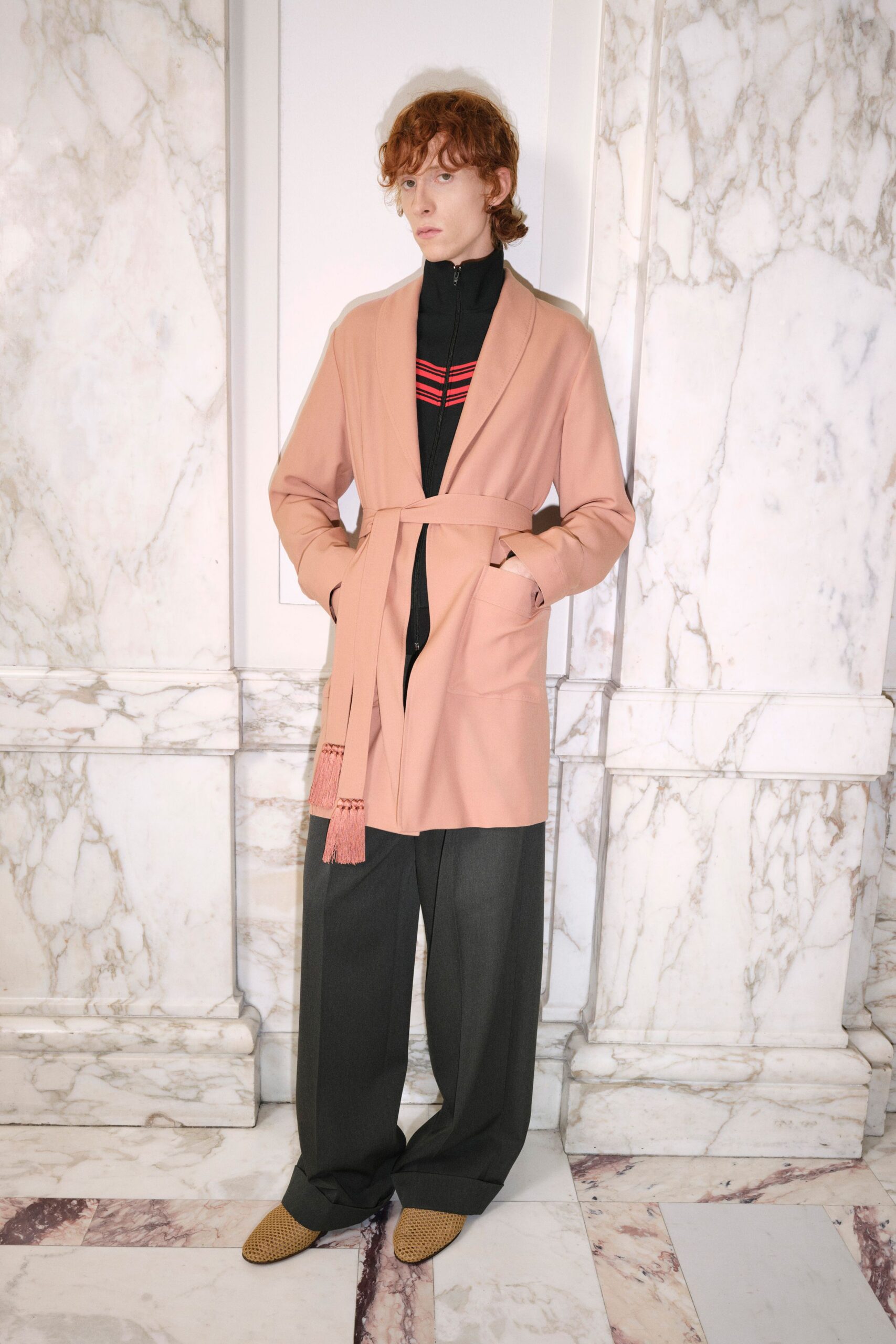 pink cotton long-sleeve collared relaxed belted coat