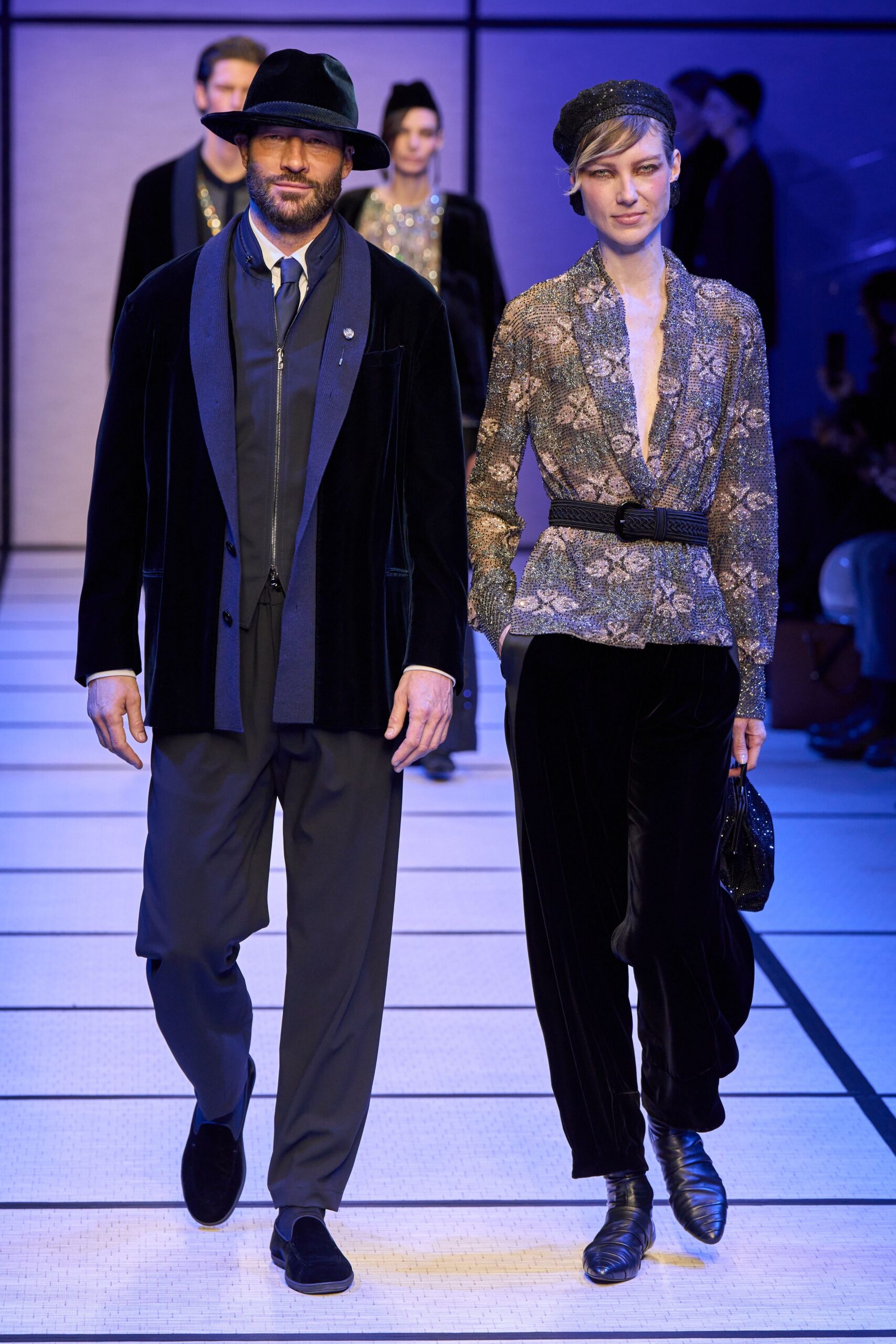 black velvet blouse and tailored pants
