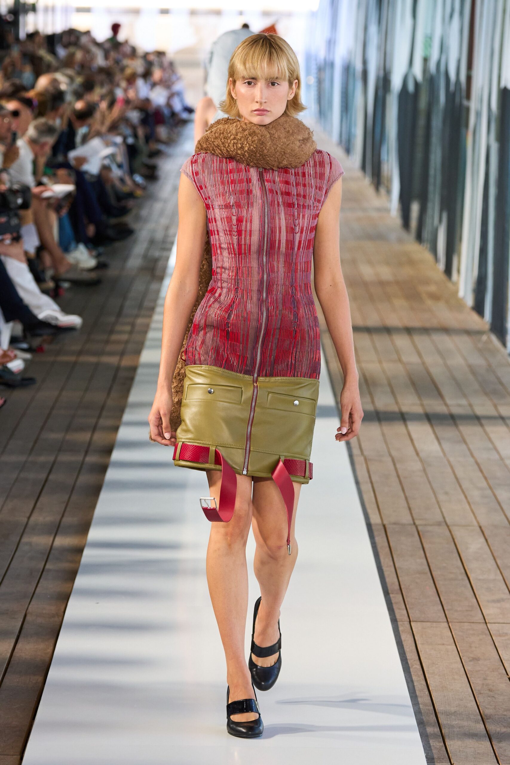 red cotton sleeveless v-neck fitted pleated zippered dress