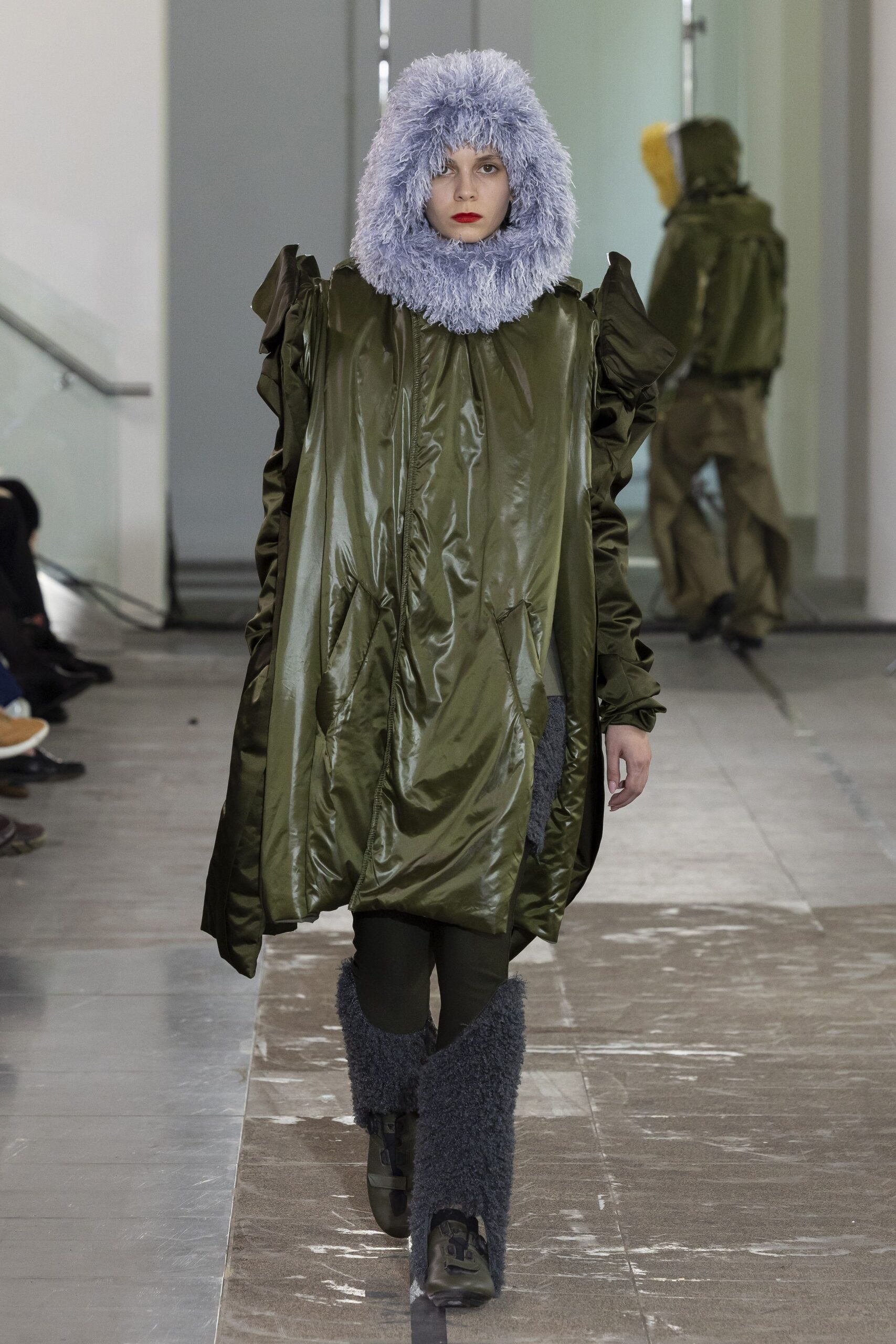 green jersey long-sleeve hooded relaxed ruffled coat
